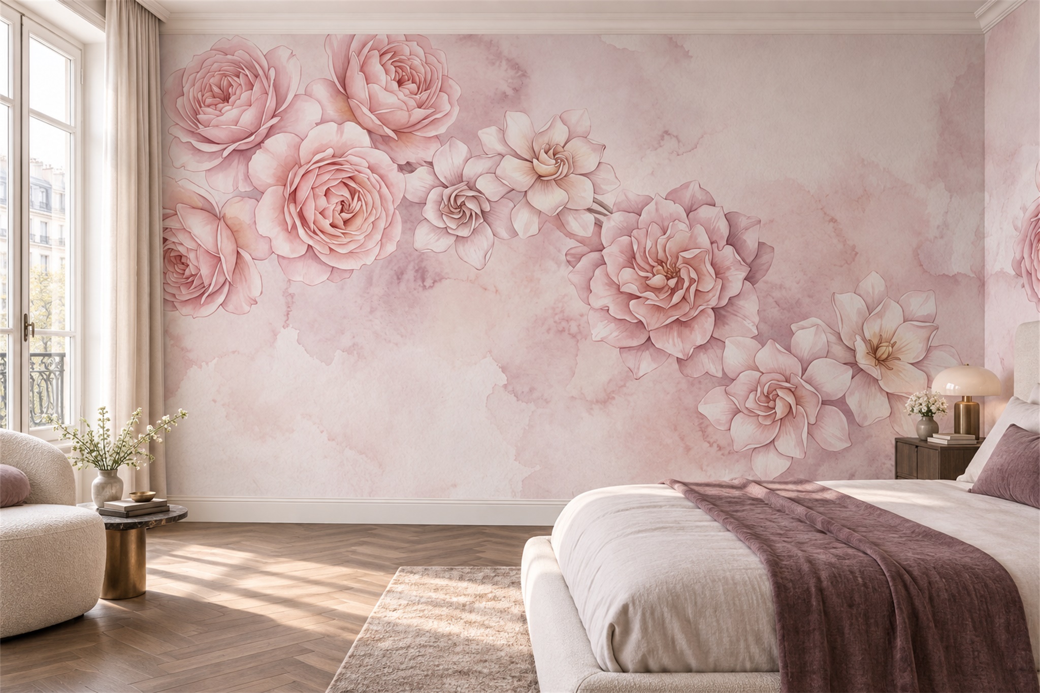 Pink Vintage Artful Painterly Wallpaper Mural Bedroom-wallpaper-murals, Peel-and-stick Finish