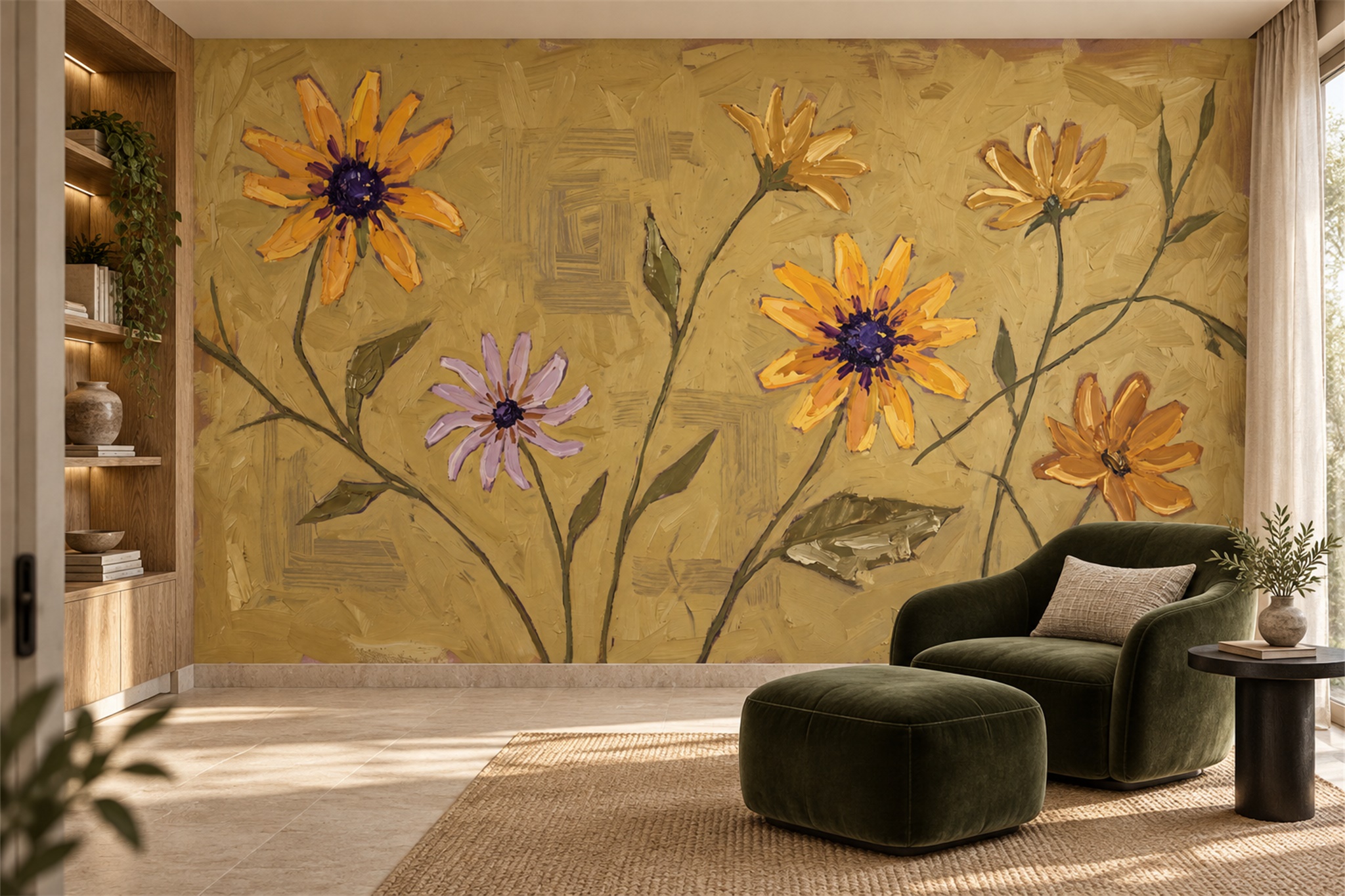 Ochre Floral Botanical Wallpaper Mural Home-office-wallpaper-murals, Peel-and-stick Finish