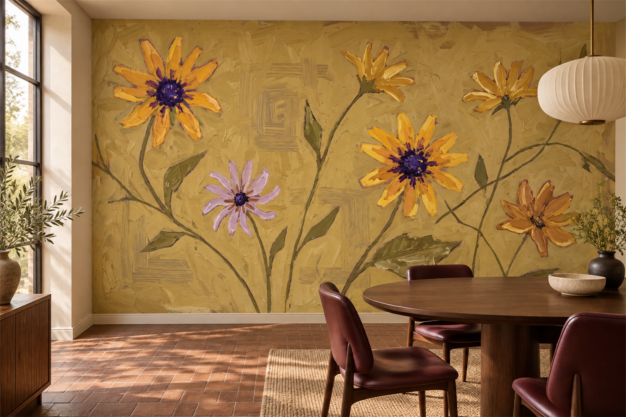 Ochre Floral Botanical Wallpaper Mural Dining-room-wallpaper-murals, Shown In A Dining Room, Peel-and-stick Finish