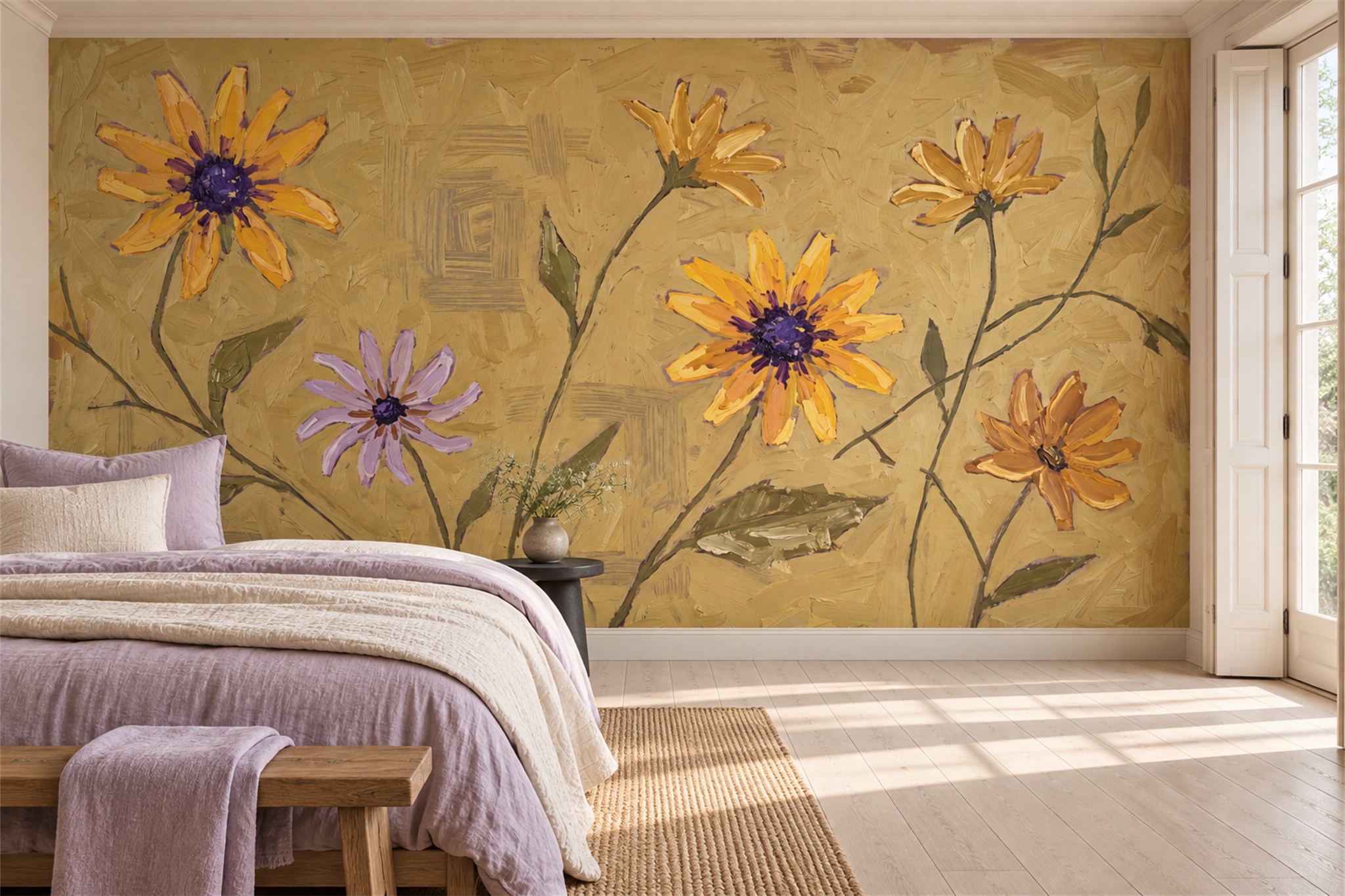 Ochre Floral Botanical Wallpaper Mural Home-office-wallpaper-murals, Peel-and-stick Finish