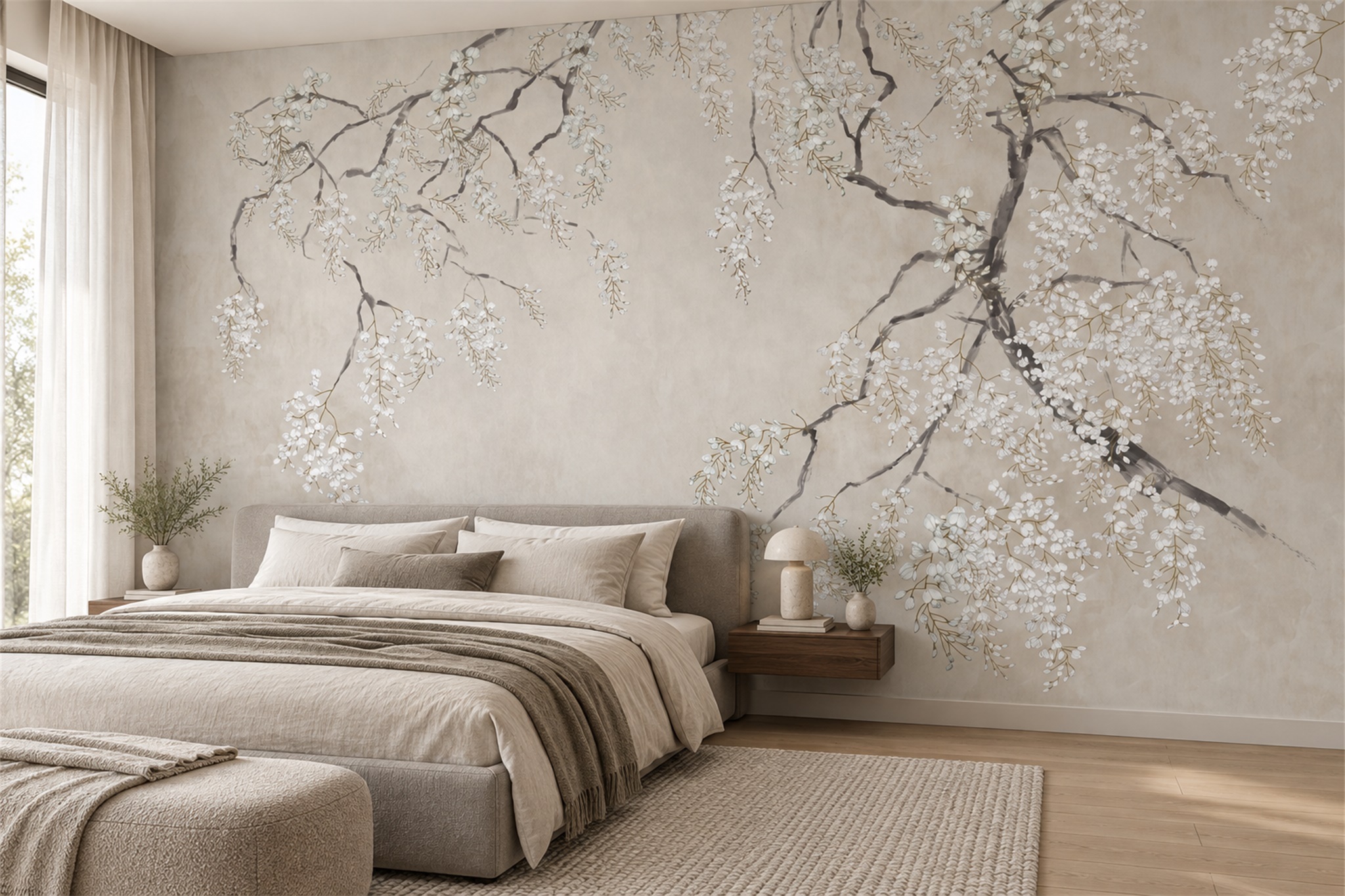White Blossoms On Grey Branches Wallpaper Mural — Installed Wallpaper Mural In A Bedroom, Peel-and-stick Finish