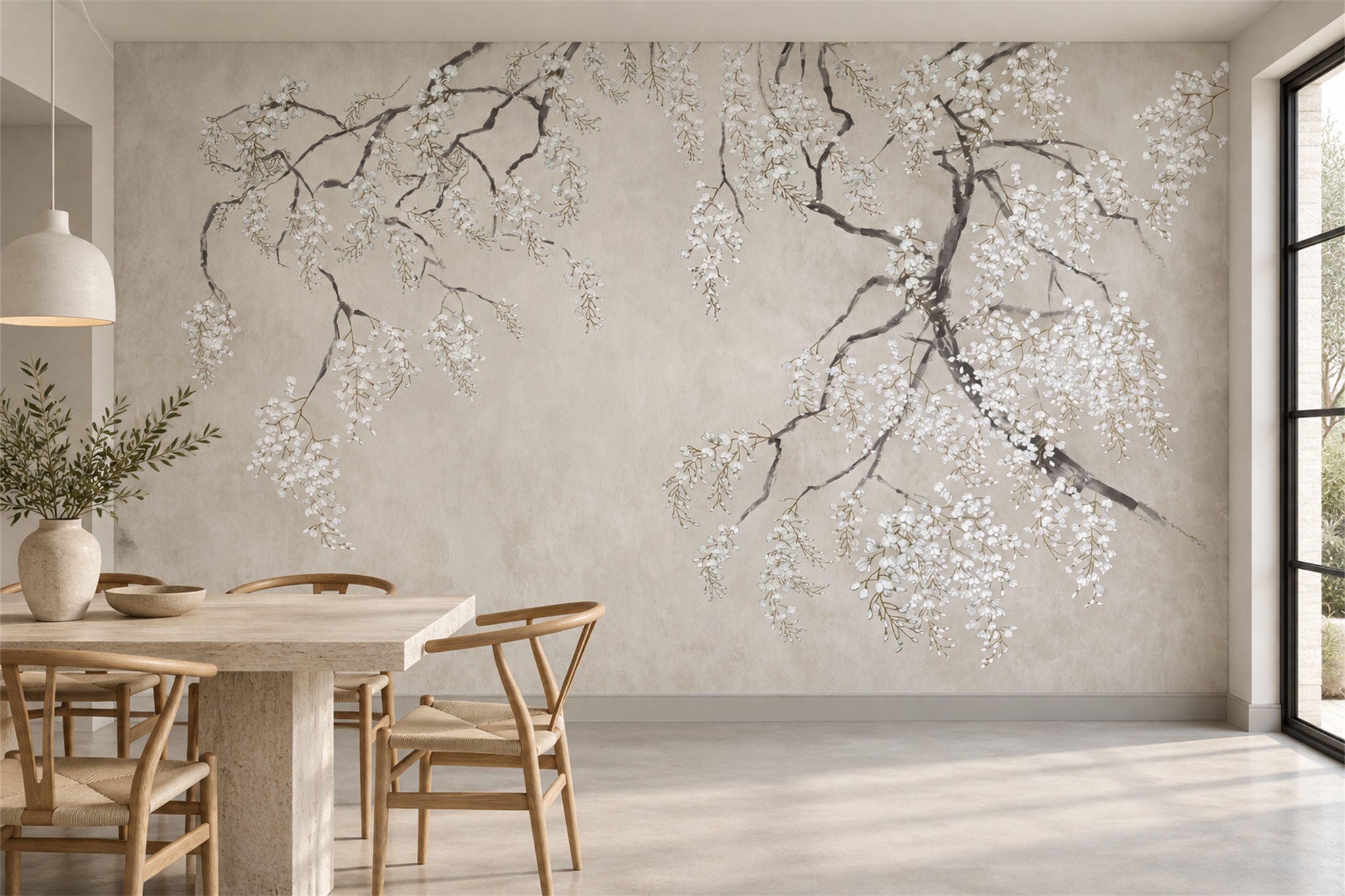 Grey Blossom Botanical Layered Wallpaper Mural Dining-room-wallpaper-murals, Peel-and-stick Finish