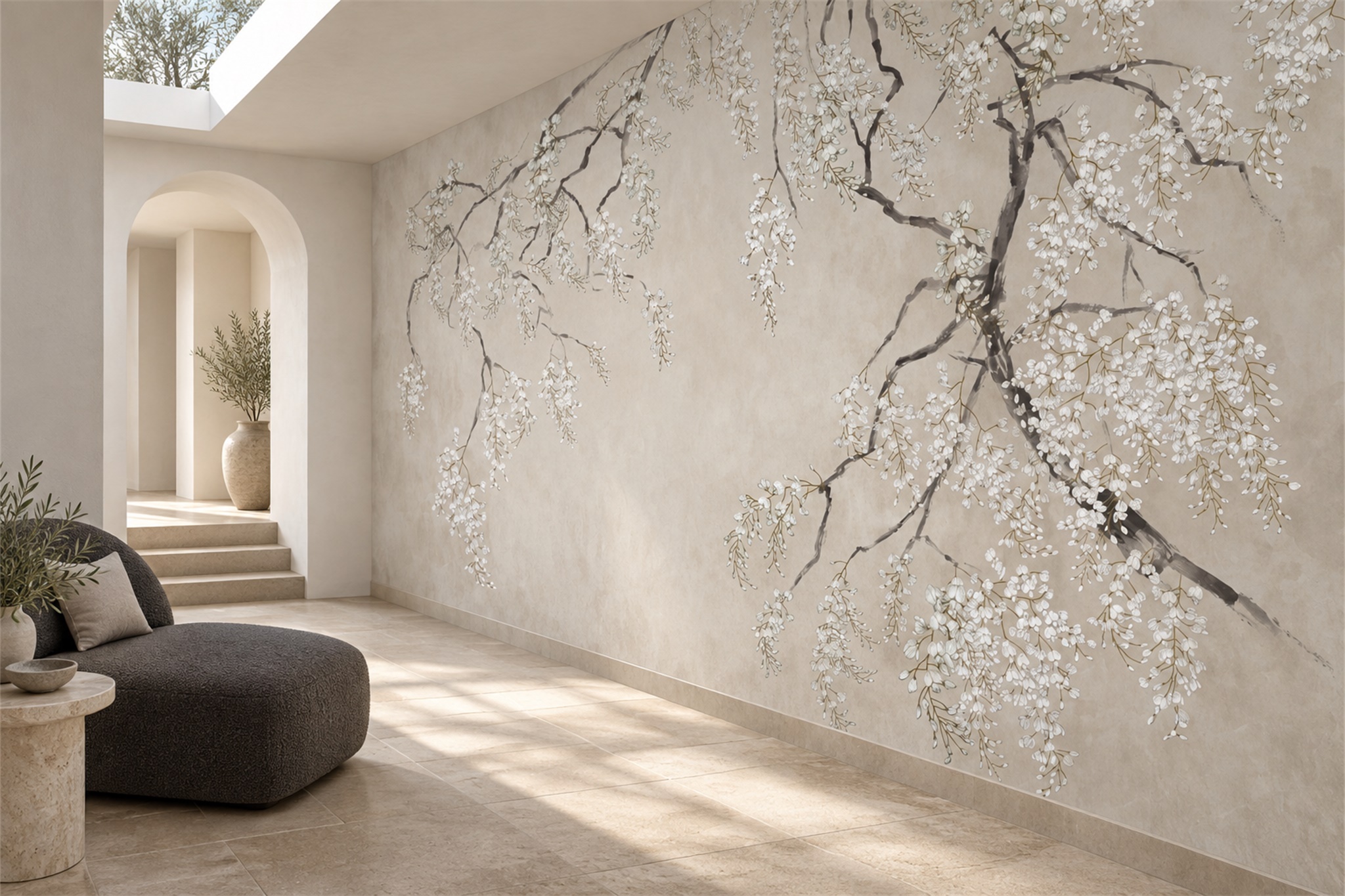 Grey Blossom Botanical Layered Wallpaper Mural Accent-wall-wallpaper-murals, Peel-and-stick Finish