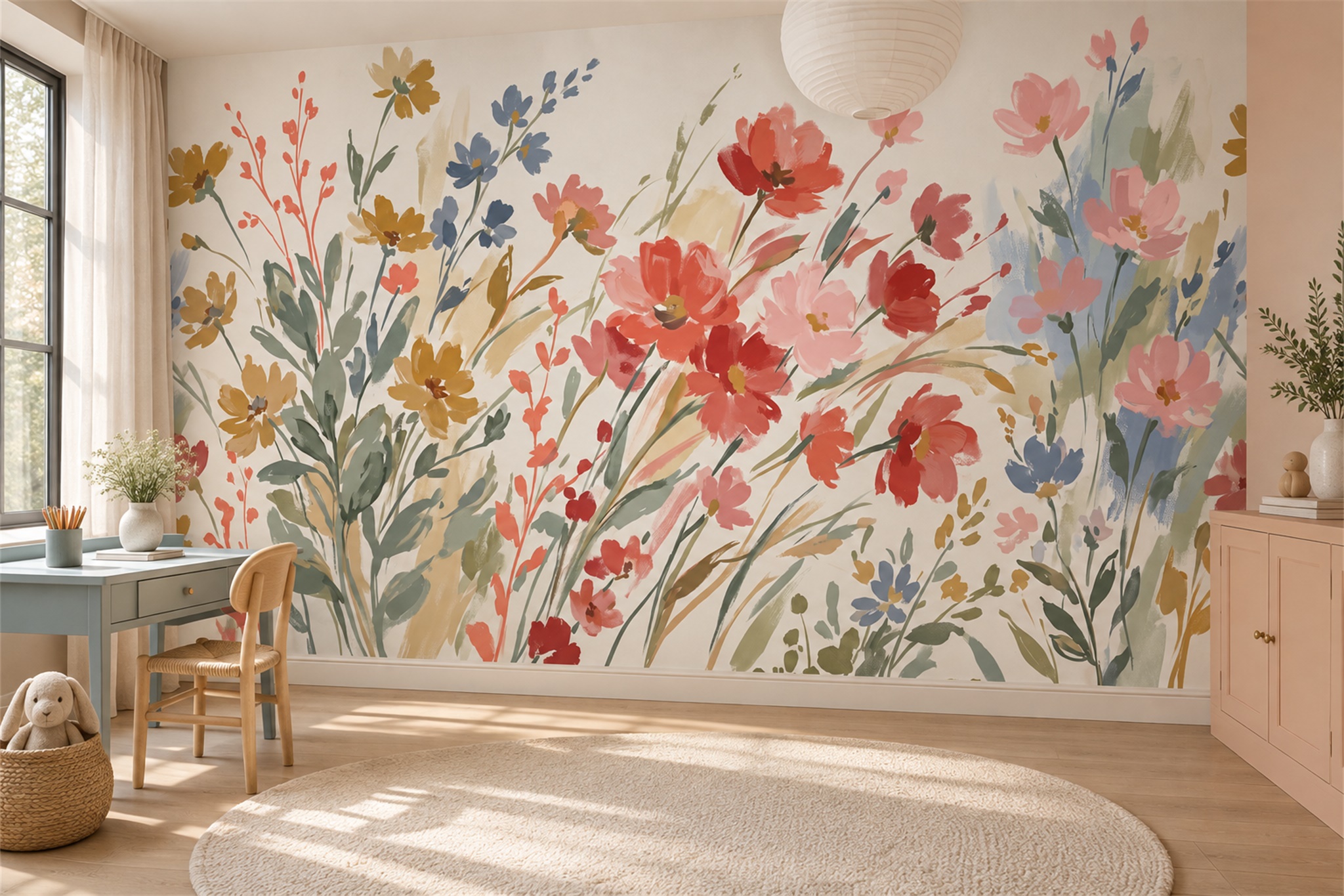 Coral Botanical Botanical Wallpaper Mural Home-office-wallpaper-murals, Shown In A Home Office, Peel-and-stick Finish