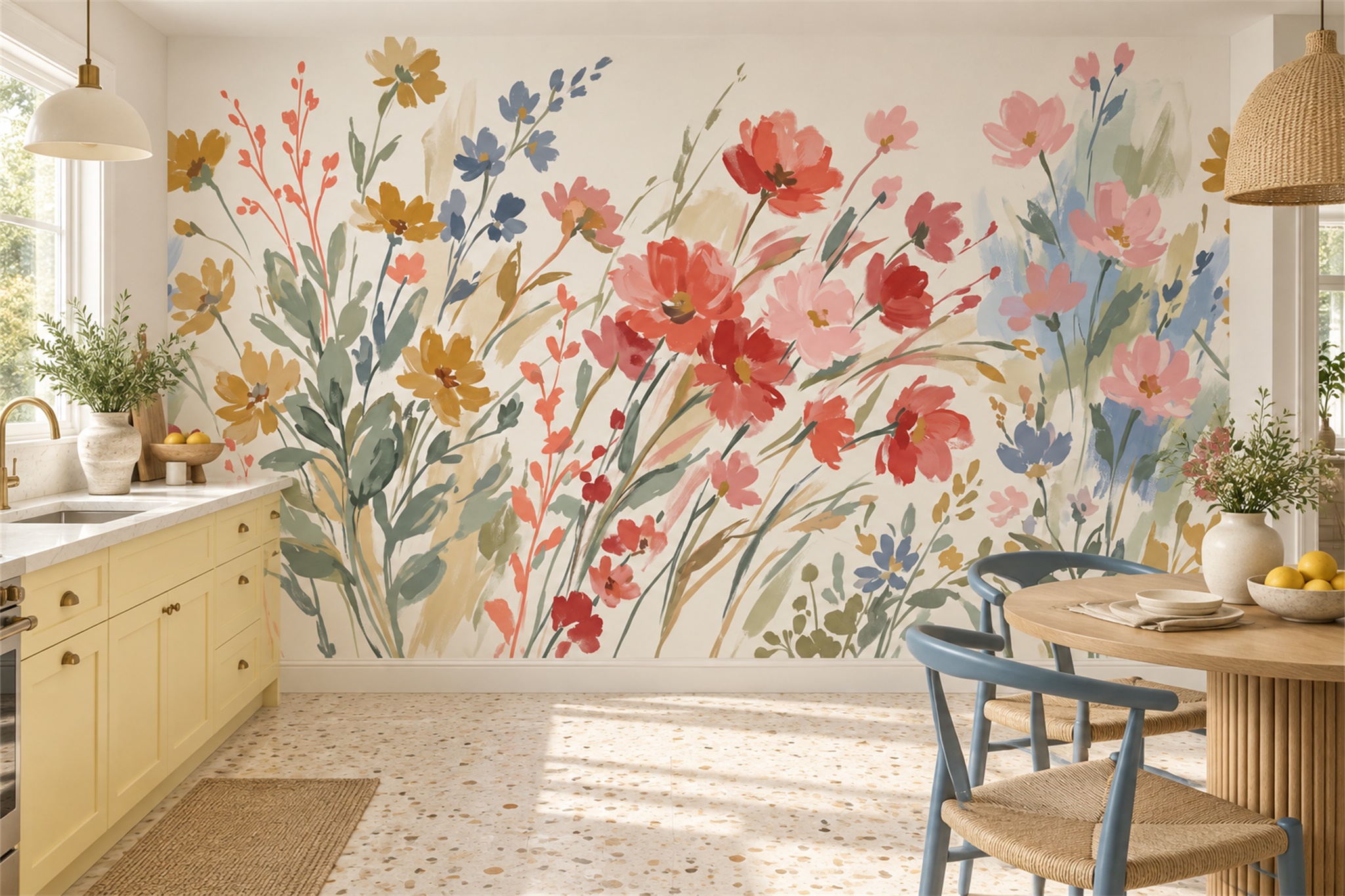 Coral Botanical Botanical Wallpaper Mural Kitchen-wallpaper-murals, Peel-and-stick Finish
