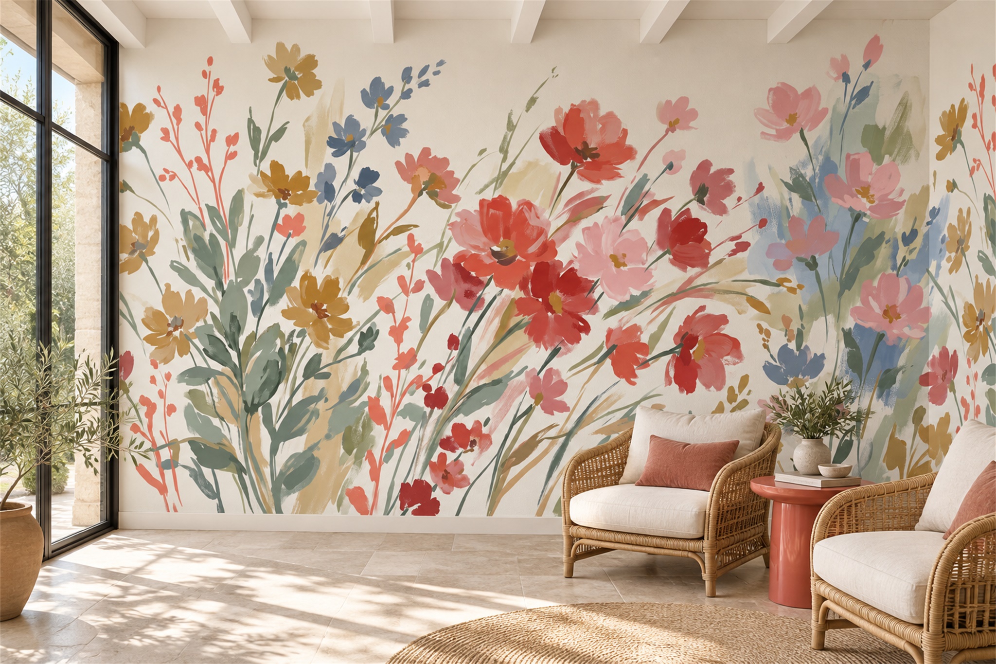 Coral Botanical Botanical Wallpaper Mural Feature-wall-wallpaper-murals, Peel-and-stick Finish