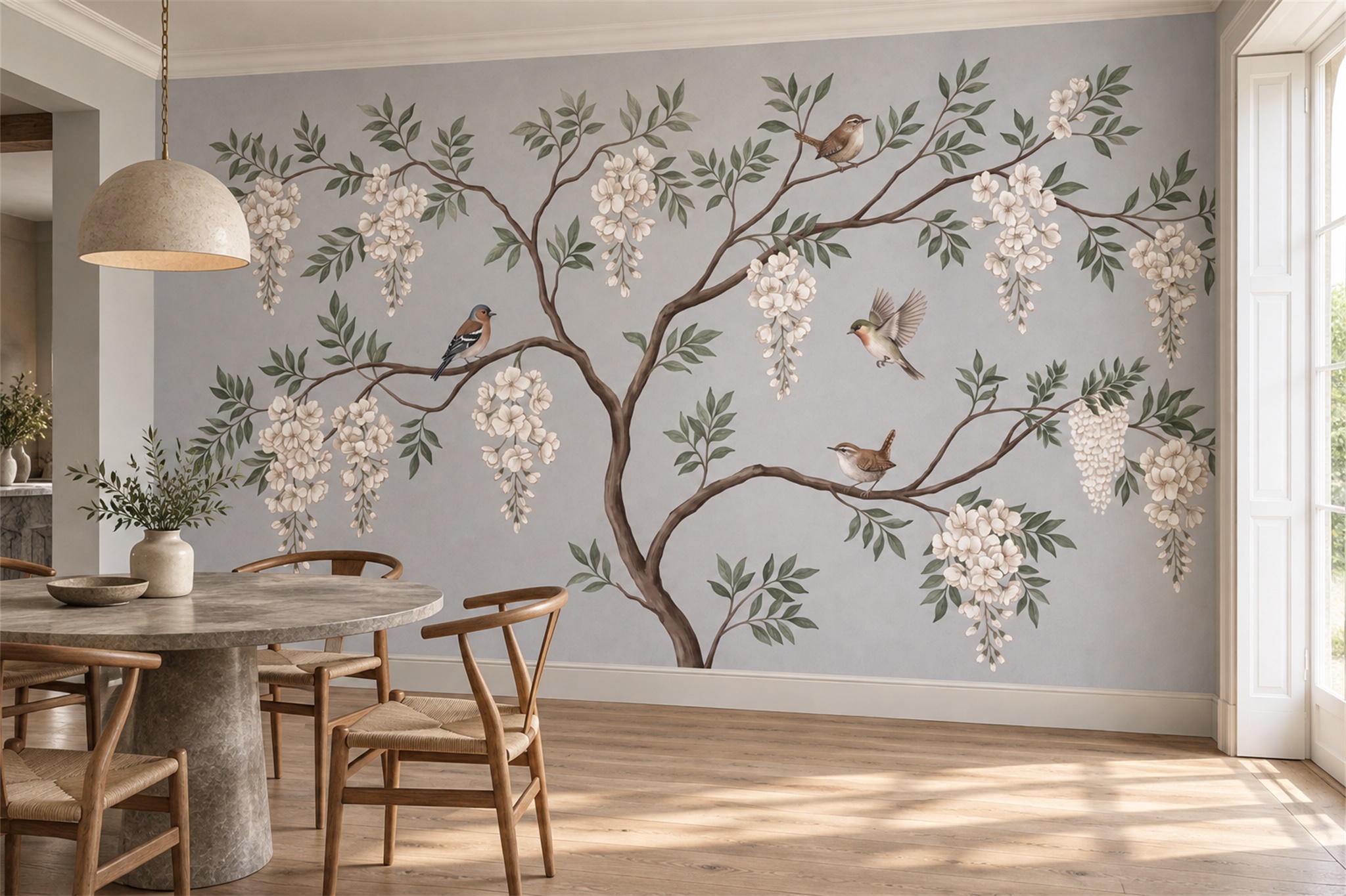 Grey Pattern Decorative Wallpaper Mural Layered Painterly Wallpaper Dining-room-wallpaper-murals, Shown In A Dining Room, Peel-and-stick Finish