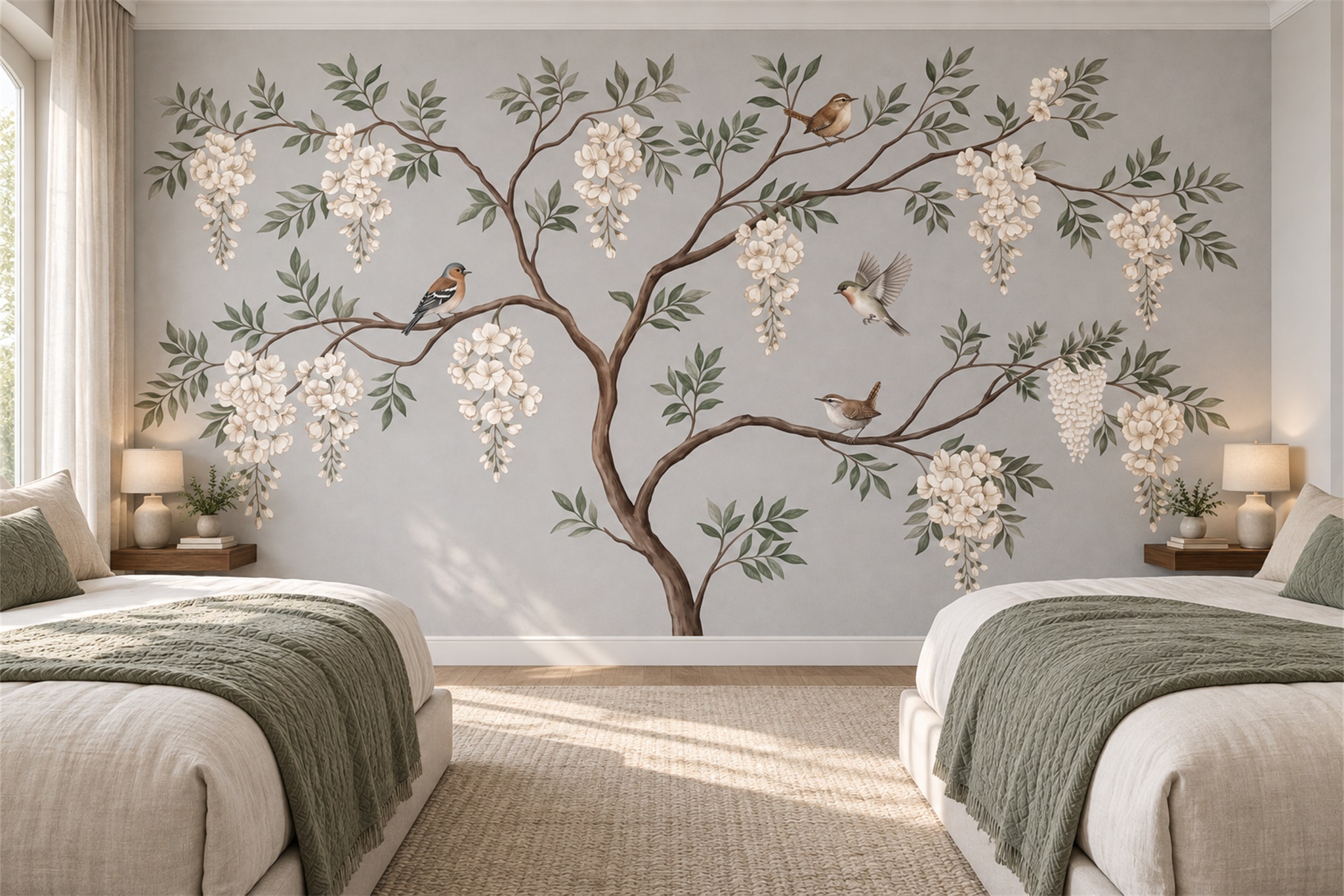 White Blossom Branches And Songbirds Wallpaper Mural — Installed Wallpaper Mural In A Bedroom, Peel-and-stick Finish