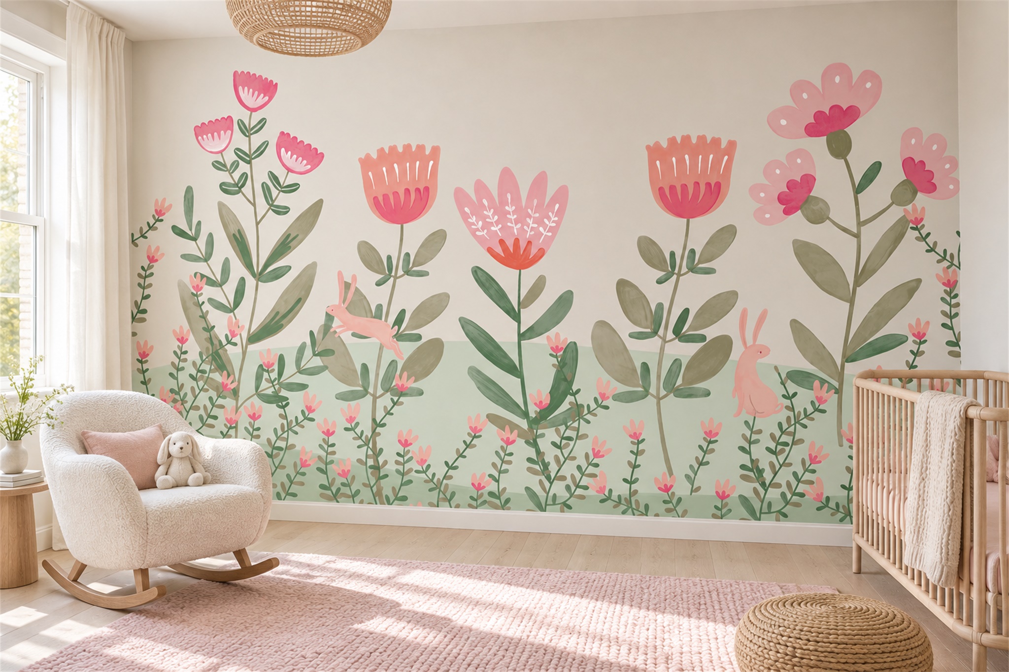 How to Choose a Mural Wallpaper That Matches Your Furniture — installed wallpaper mural in a nursery, peel-and-stick finish