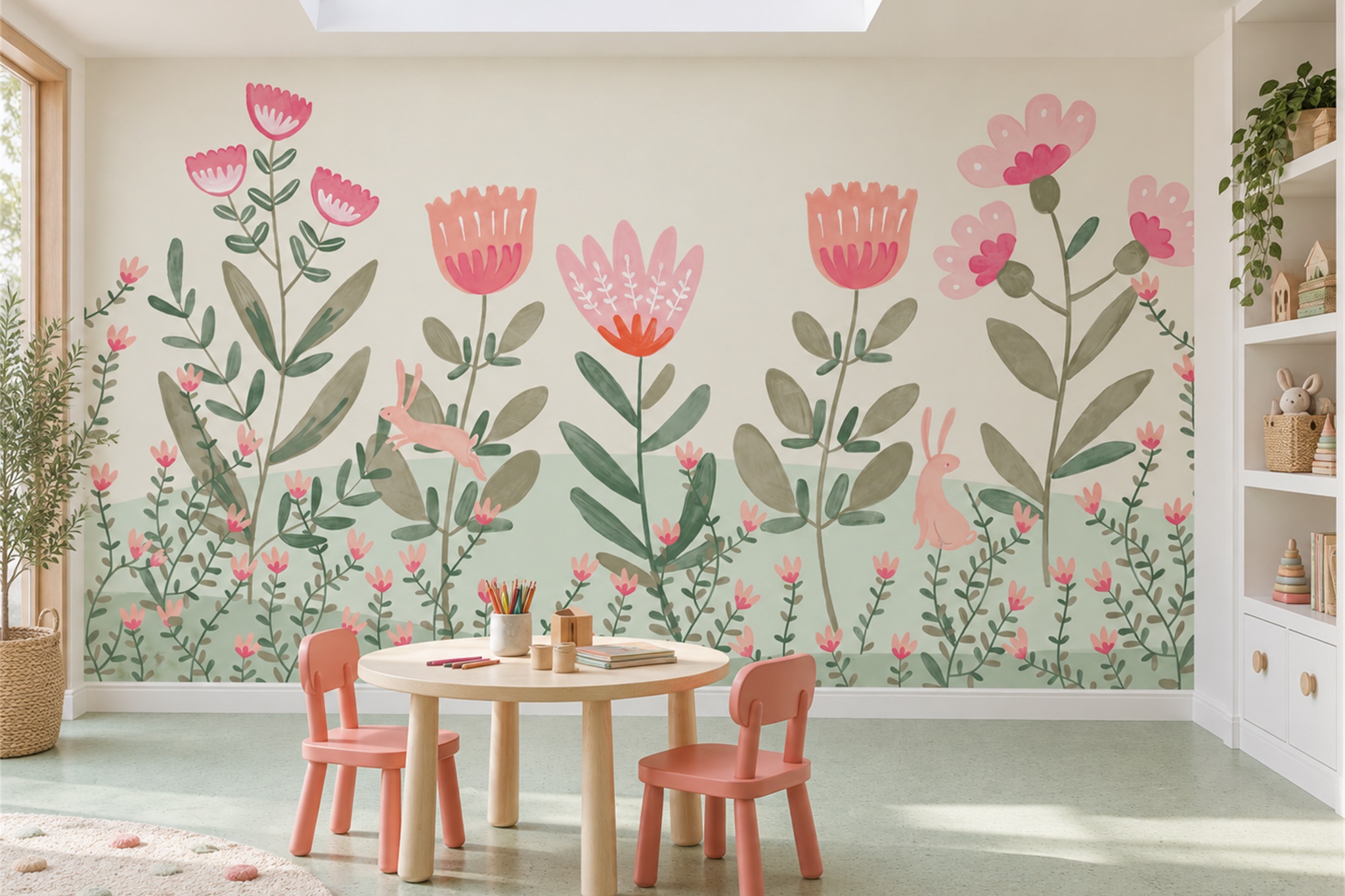 Pink Floral Botanical Organic Wallpaper Mural Home-office-wallpaper-murals, Shown In A Home Office, Peel-and-stick Finish