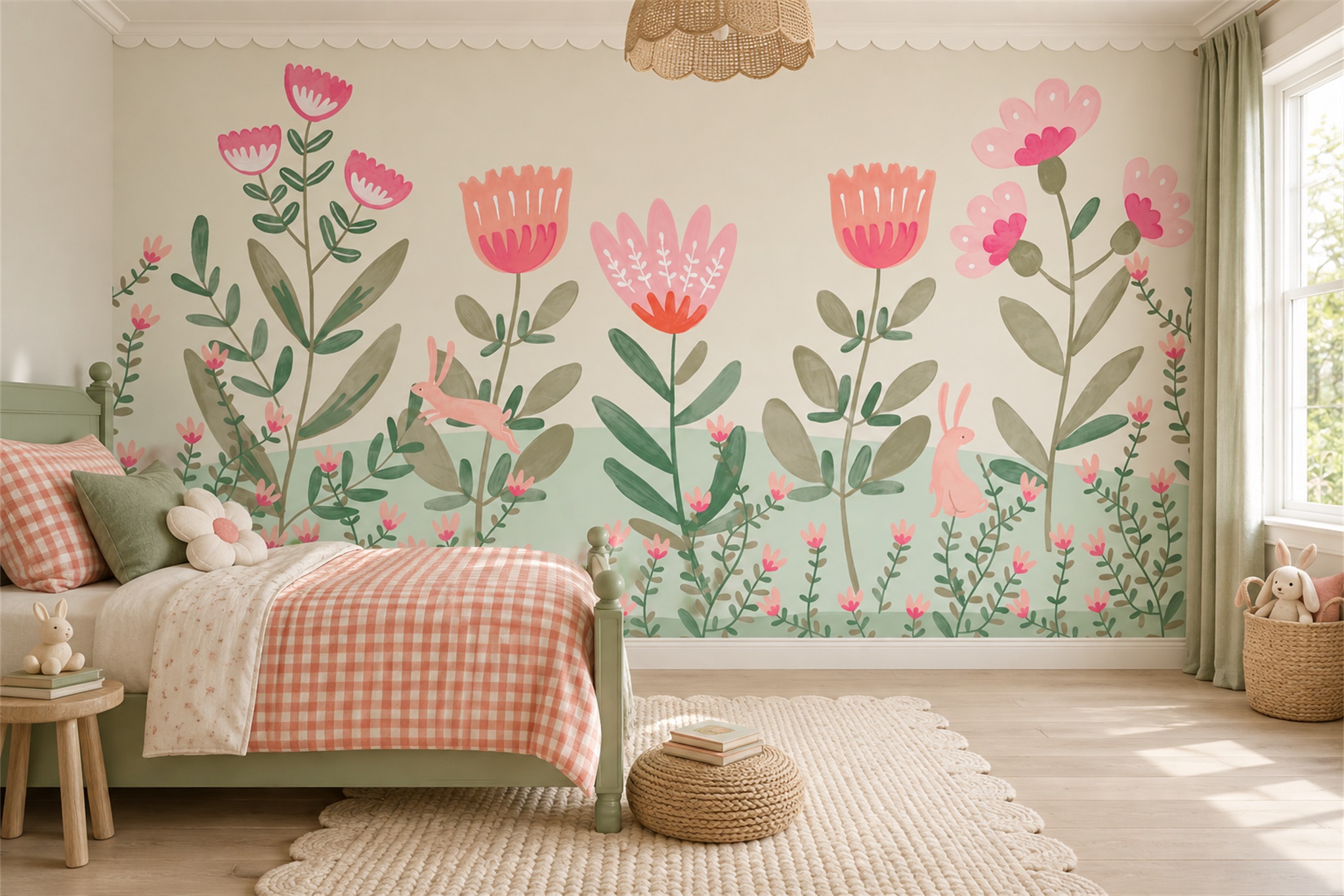 Pink Floral Botanical Organic Wallpaper Mural Kids-room-wallpaper-murals, Peel-and-stick Finish