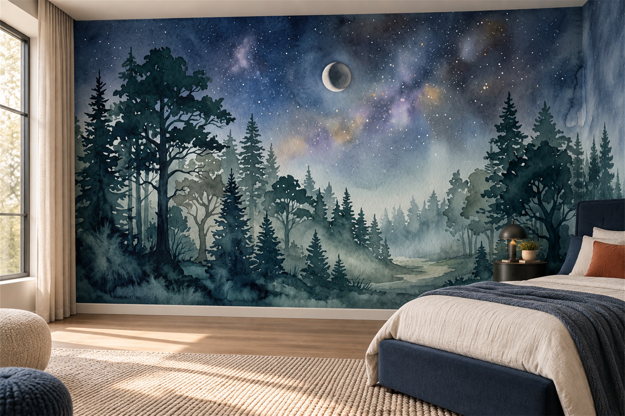 Navy Scenic Scenic Wallpaper Mural Bedroom-wallpaper-murals, Peel-and-stick Finish