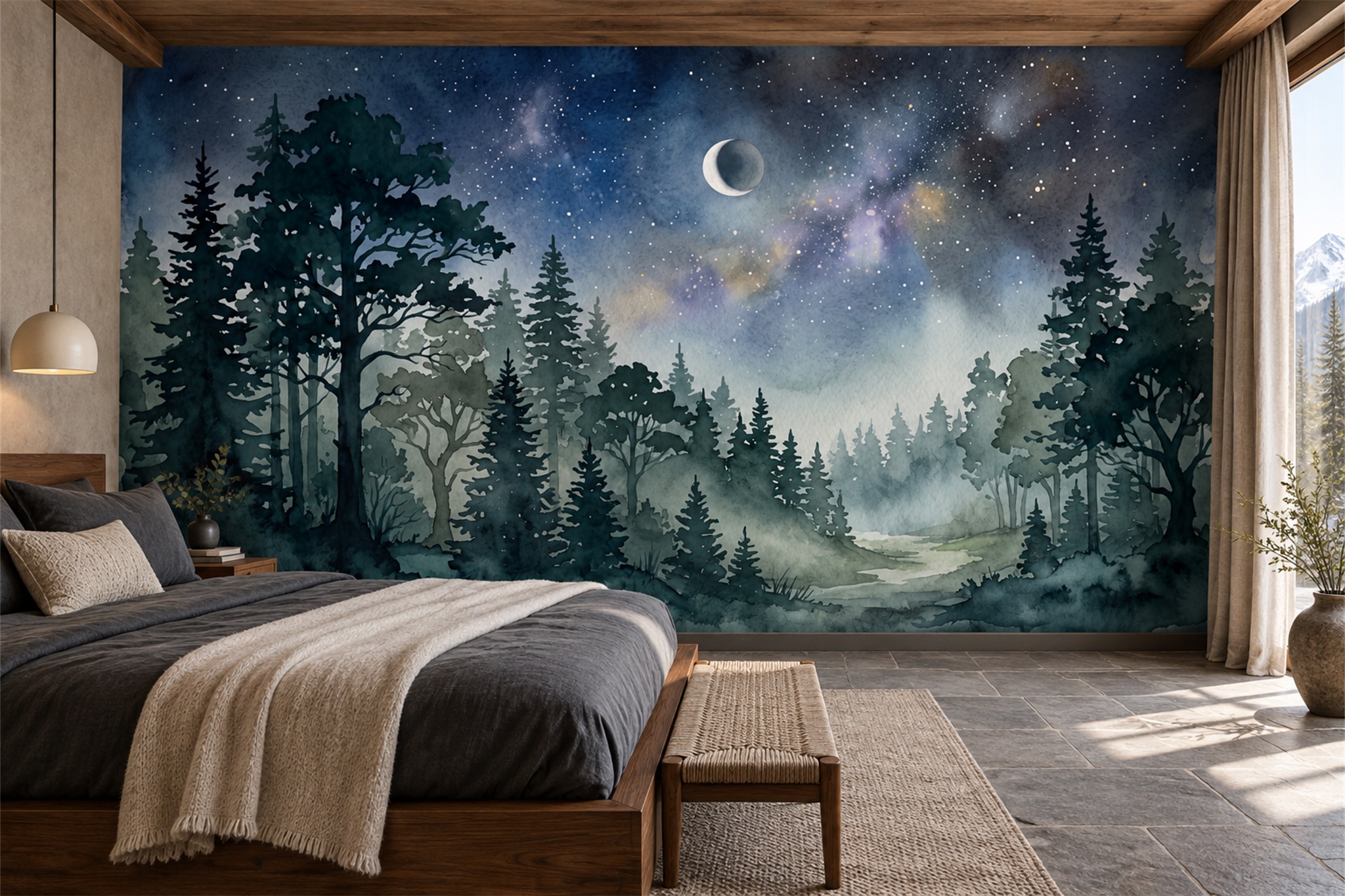 Navy Scenic Scenic Wallpaper Mural Bedroom-wallpaper-murals, Peel-and-stick Finish