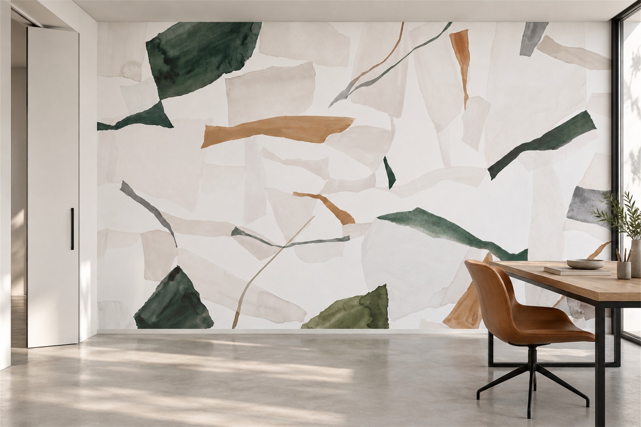 Green Pattern Decorative Wallpaper Mural Layered Organic Wallpaper Mural Home-office-wallpaper-murals, Shown In A Home Office, Peel-and-stick Finish
