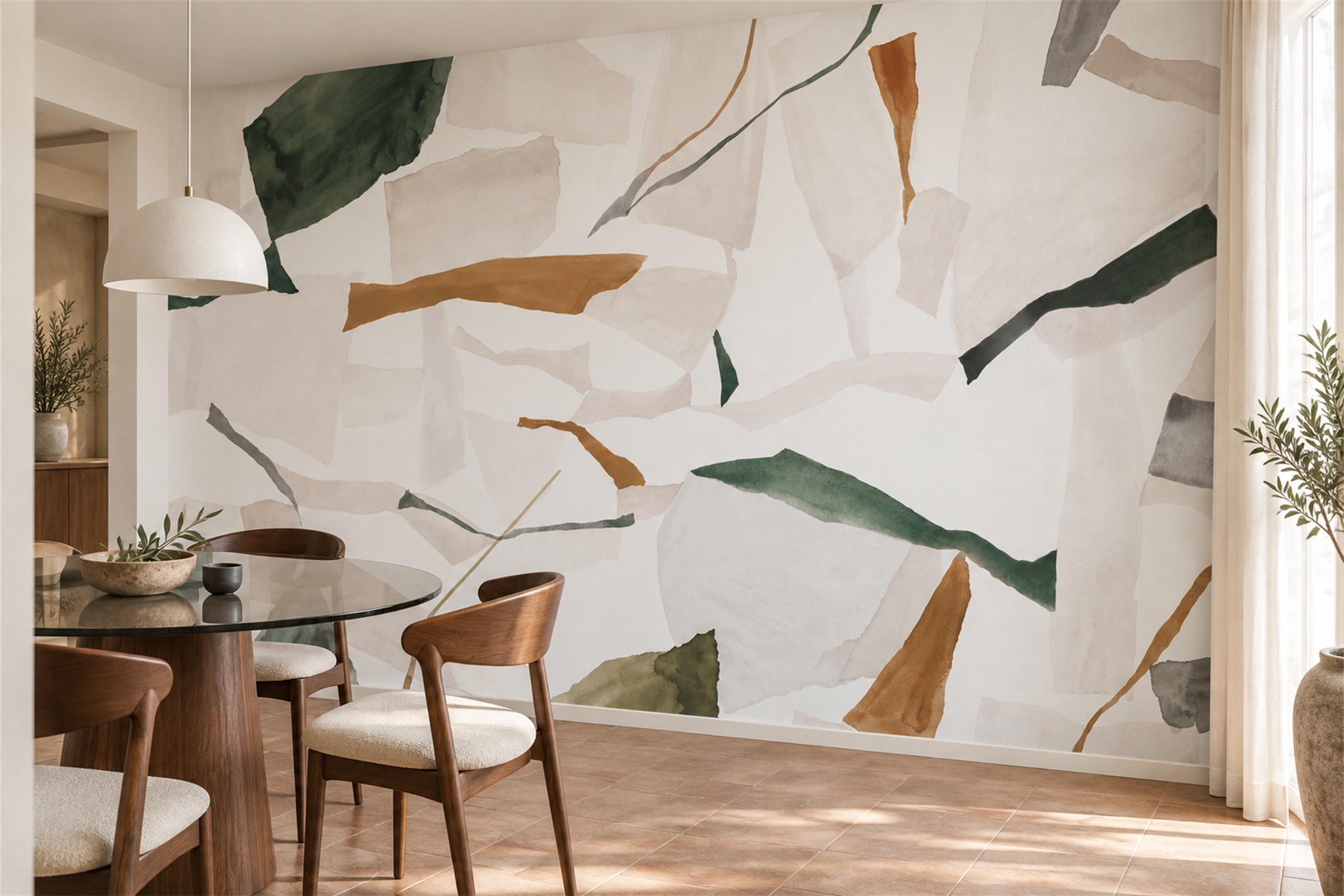 Green Pattern Decorative Wallpaper Mural Layered Organic Wallpaper Mural Dining-room-wallpaper-murals, Shown In A Dining Room, Peel-and-stick Finish