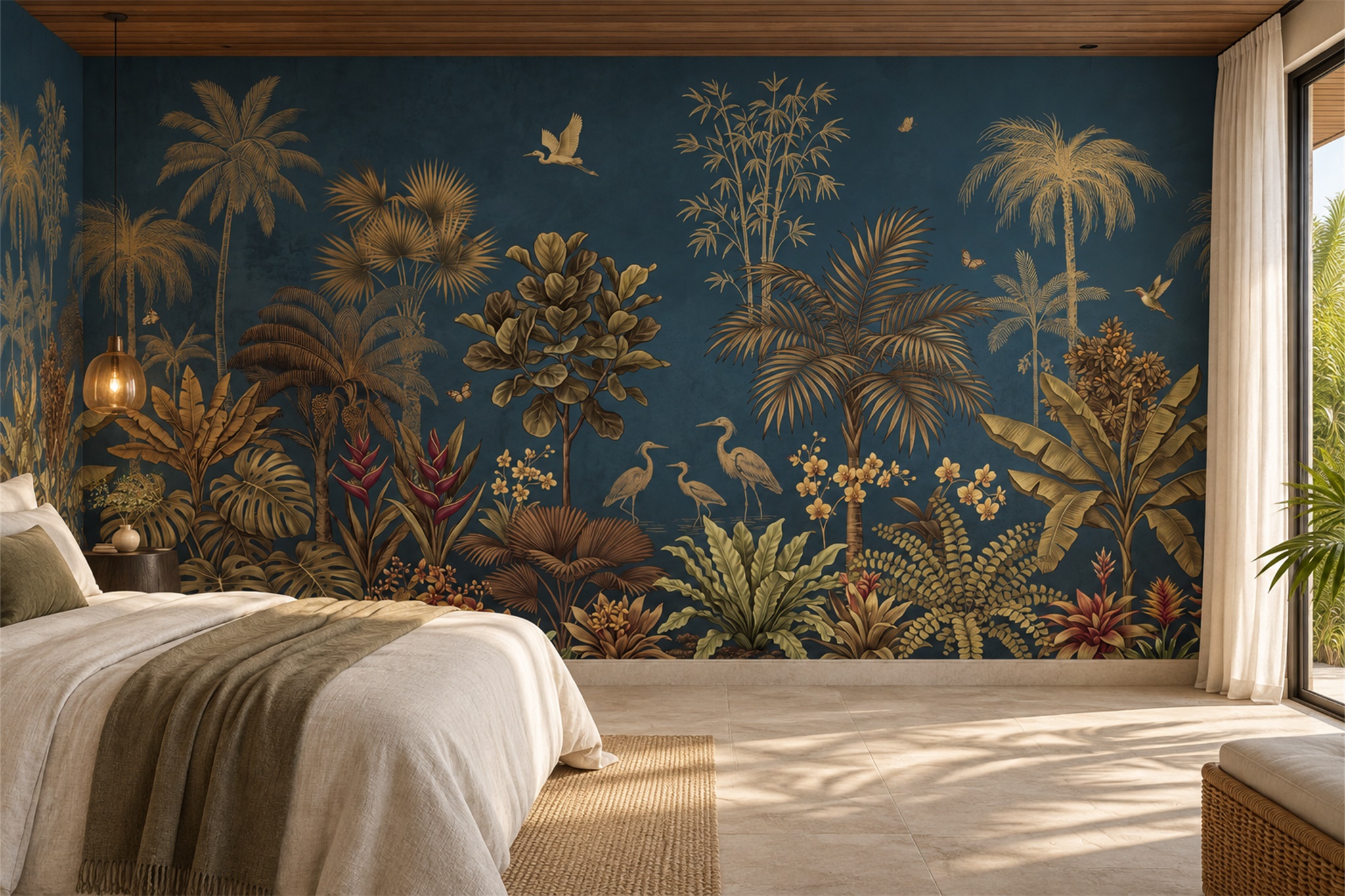 Teal Tropical Artful Decorative Wallpaper Mural Bedroom-wallpaper-murals, Peel-and-stick Finish