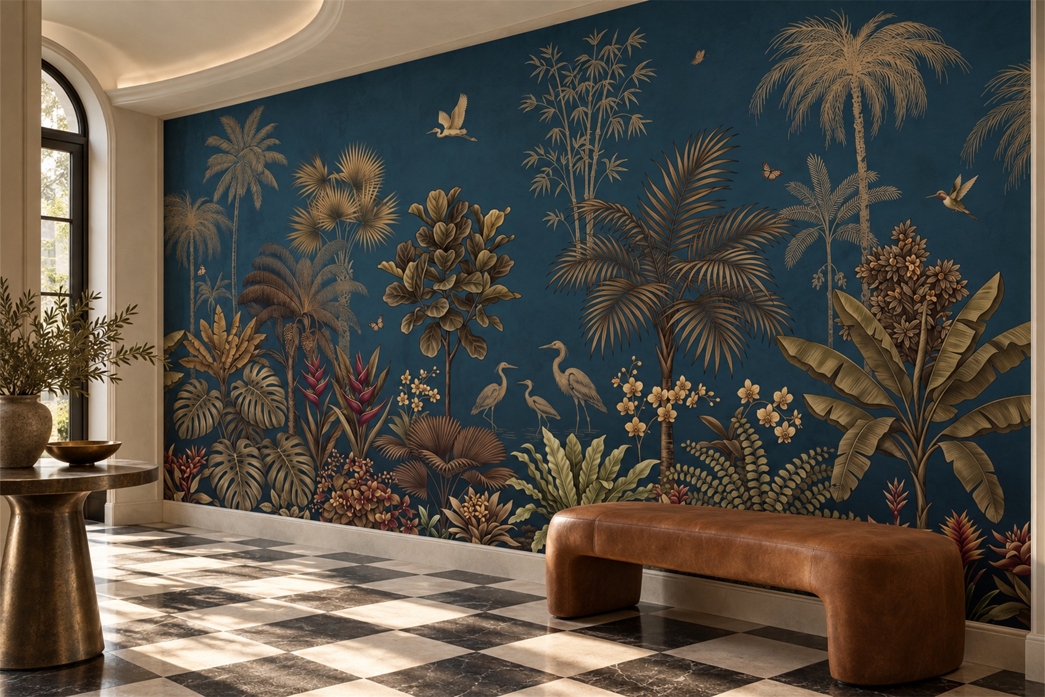 Teal Tropical Artful Decorative Wallpaper Mural Dining-room-wallpaper-murals, Peel-and-stick Finish