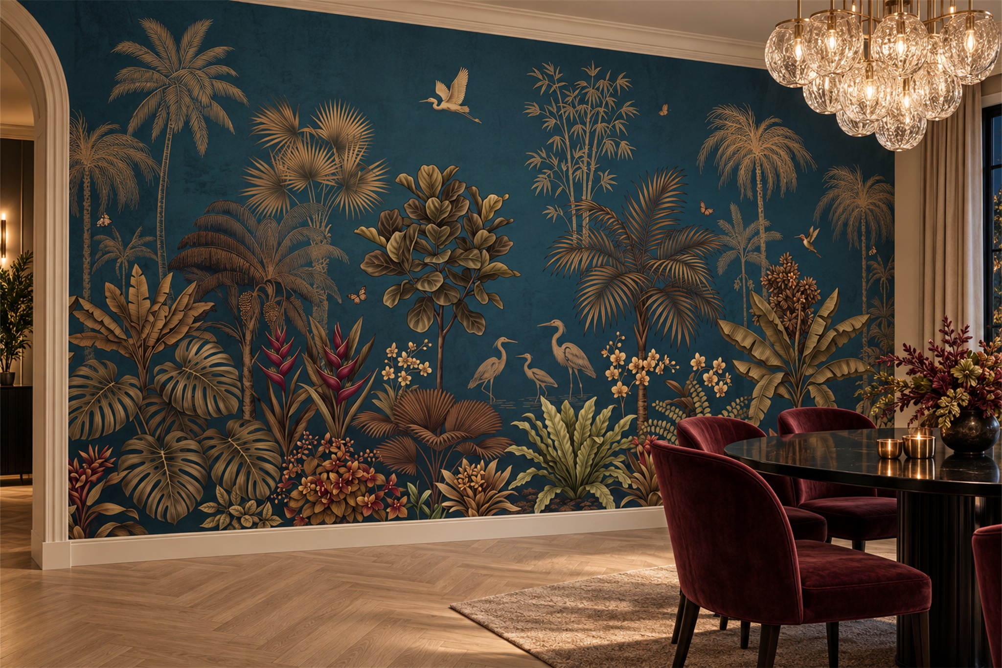 Teal Tropical Artful Decorative Wallpaper Mural Dining-room-wallpaper-murals, Peel-and-stick Finish