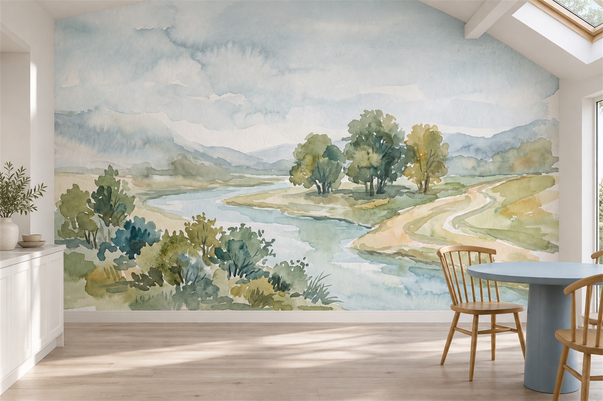 Sage River Scenic Atmospheric Wallpaper Mural Dining-room-wallpaper-murals, Shown In A Dining Room, Peel-and-stick Finish