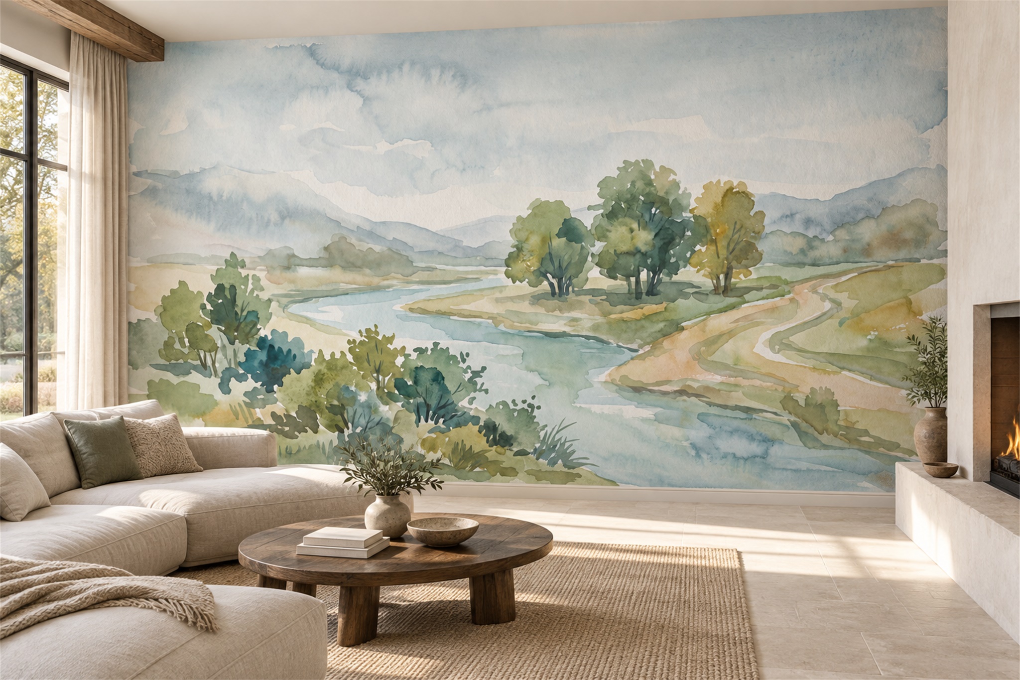 Sage River Scenic Atmospheric Wallpaper Mural Living-room-wallpaper-murals, Shown In A Living Room, Peel-and-stick Finish