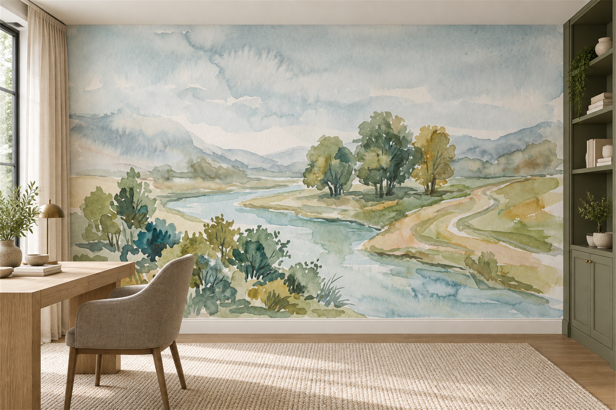 Watercolour River Through A Soft Green Valley Wallpaper Mural — Wallpaper Mural Design, Peel-and-stick Finish
