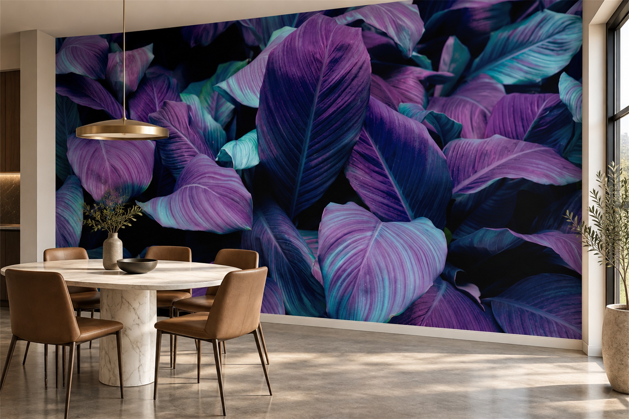 Purple Leaf Botanical Wallpaper Mural Dining-room-wallpaper-murals, Shown In A Dining Room, Peel-and-stick Finish