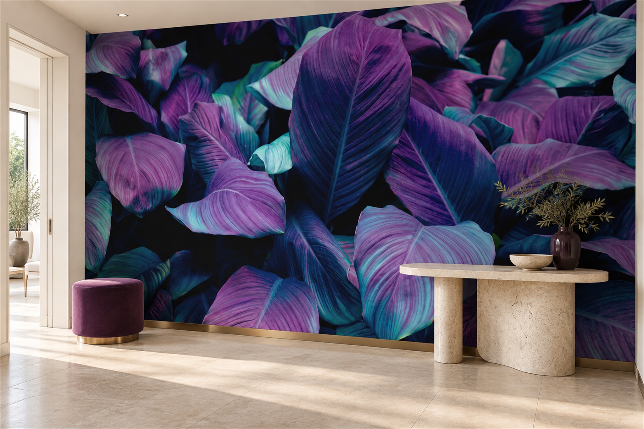 Purple Leaf Botanical Wallpaper Mural Entryway-wallpaper-murals, Peel-and-stick Finish