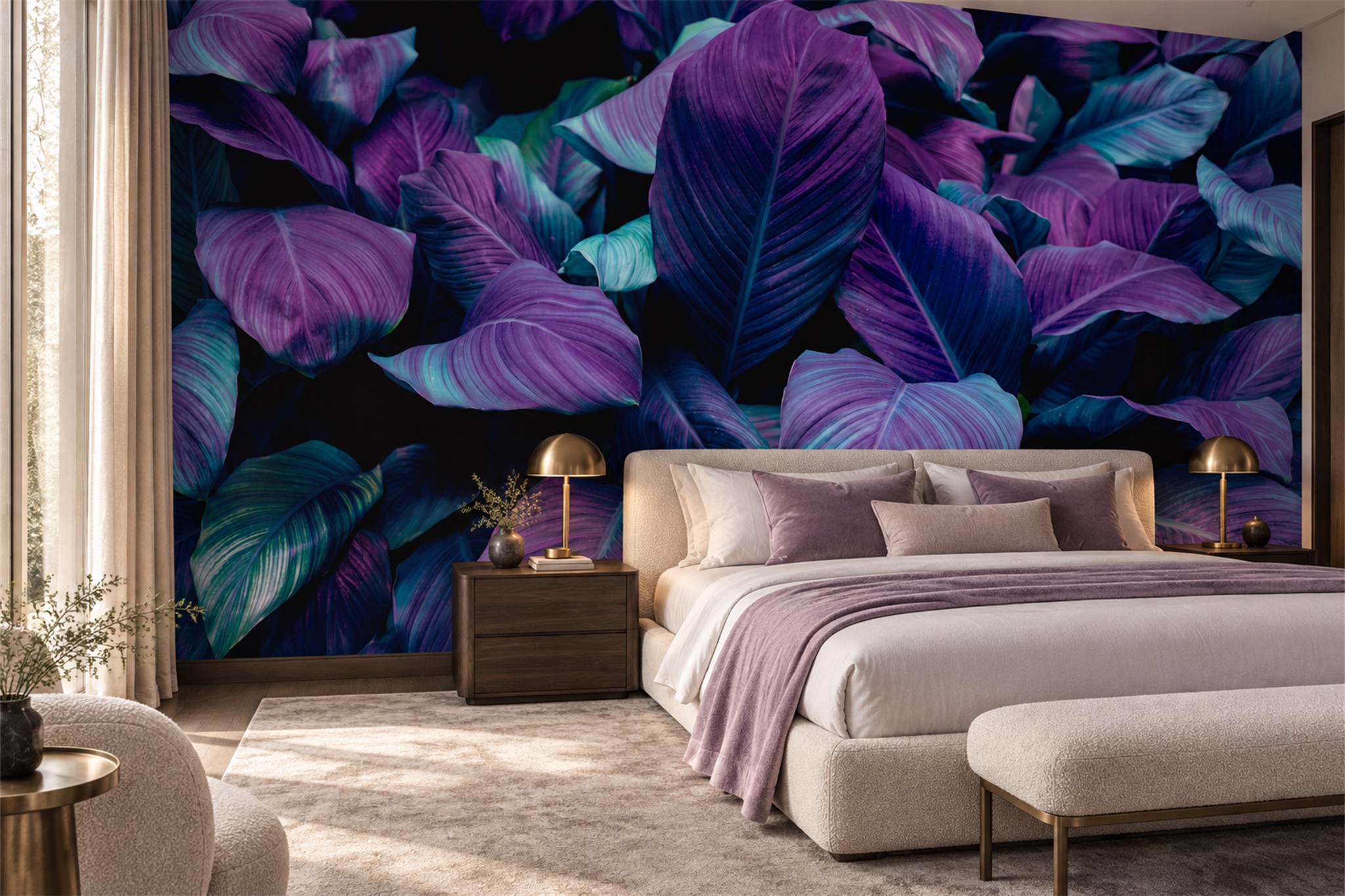 Purple Leaf Botanical Wallpaper Mural Bedroom-wallpaper-murals, Peel-and-stick Finish
