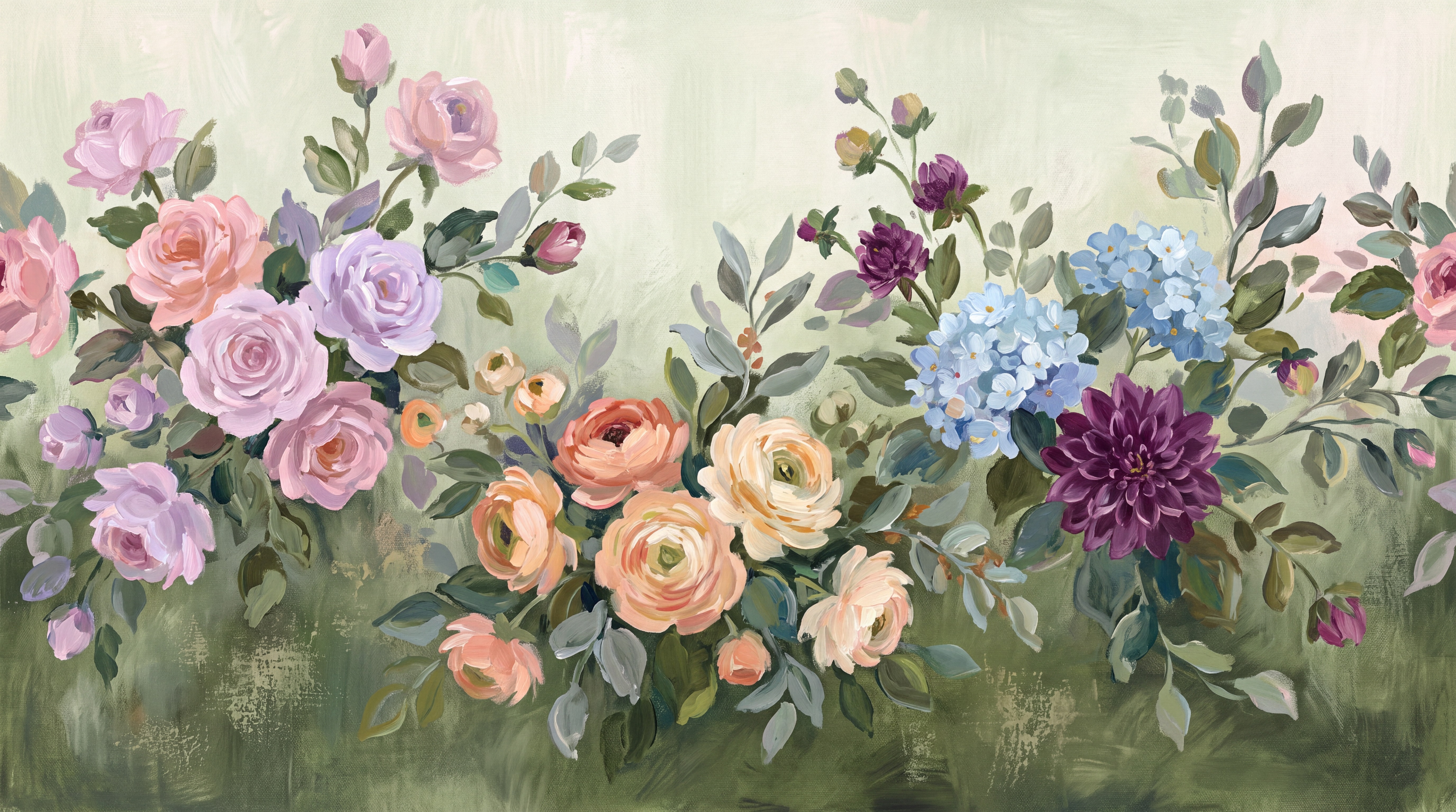 Sage Floral Botanical Decorative Wallpaper Mural, Peel-and-stick Finish