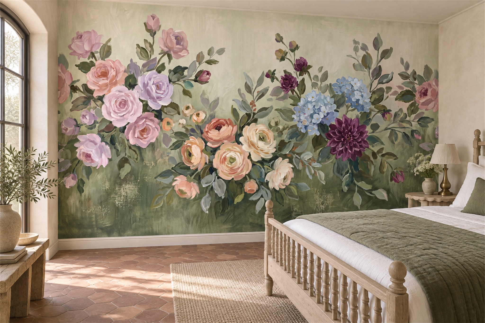 Sage Floral Botanical Decorative Wallpaper Mural Bedroom-wallpaper-murals, Peel-and-stick Finish