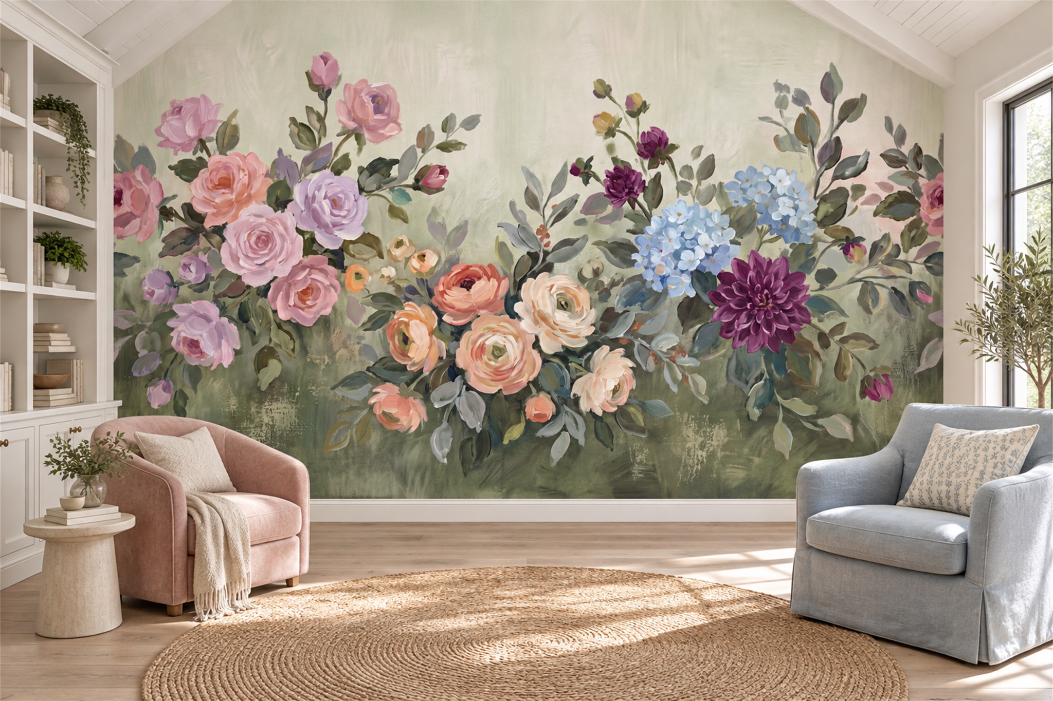 Sage Garden Bouquet With Colourful Blooms Wallpaper Mural — Wallpaper Mural Design, Peel-and-stick Finish