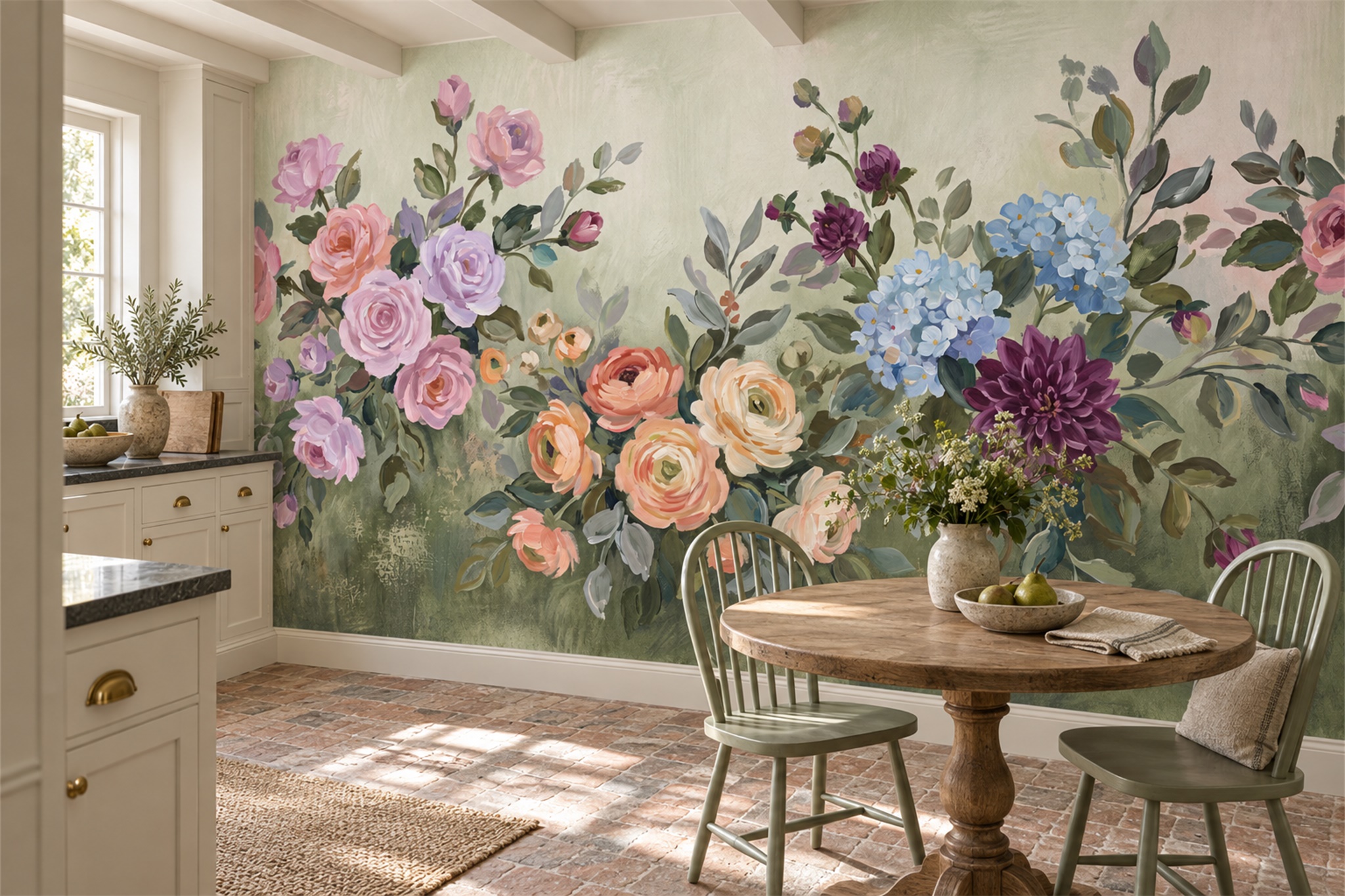Sage Floral Botanical Decorative Wallpaper Mural Accent-wall-wallpaper-murals, Peel-and-stick Finish