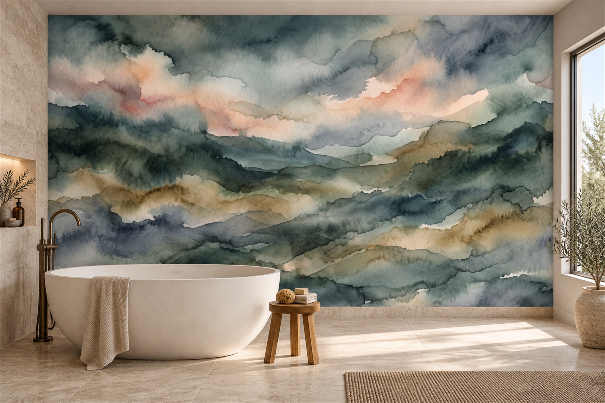 Layered Watercolour Mountain Wash Wallpaper Mural — Wallpaper Mural Design, Peel-and-stick Finish