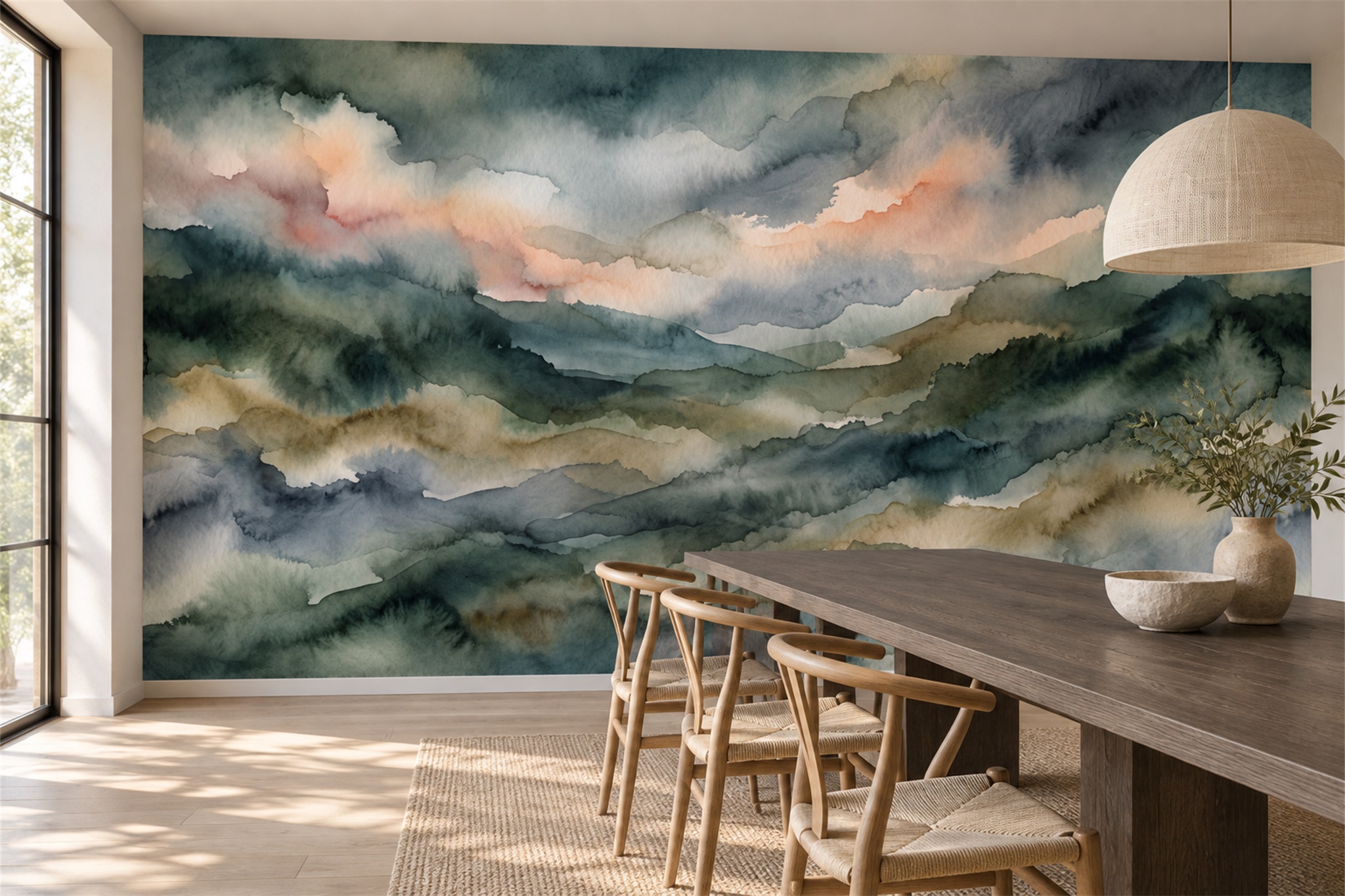 Olive Mountain Scenic Wallpaper Mural Dining-room-wallpaper-murals, Shown In A Dining Room, Peel-and-stick Finish