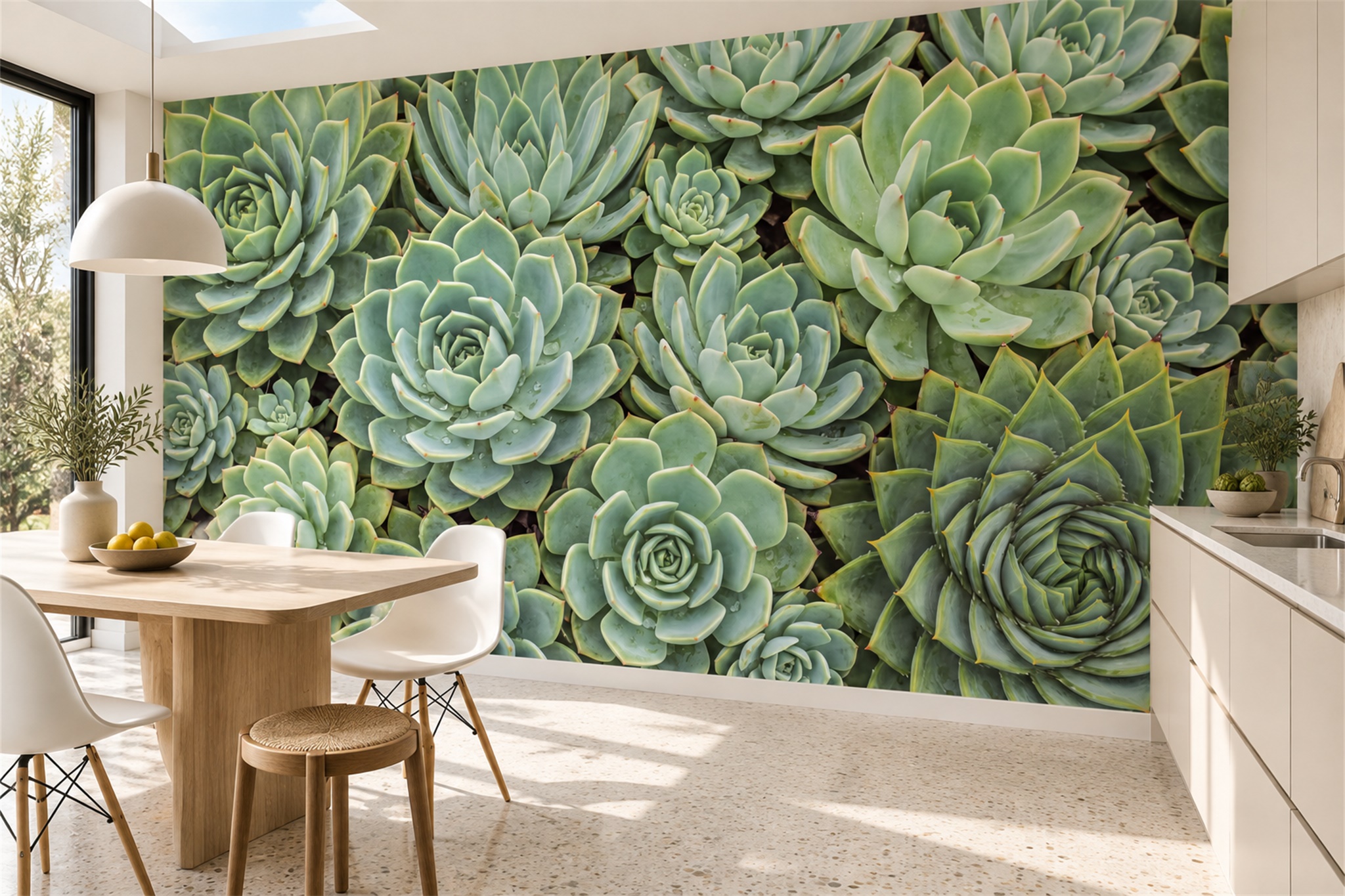 Green Pattern Decorative Wallpaper Mural Layered Atmospheric Wallpaper Dining-room-wallpaper-murals, Shown In A Dining Room, Peel-and-stick Finish
