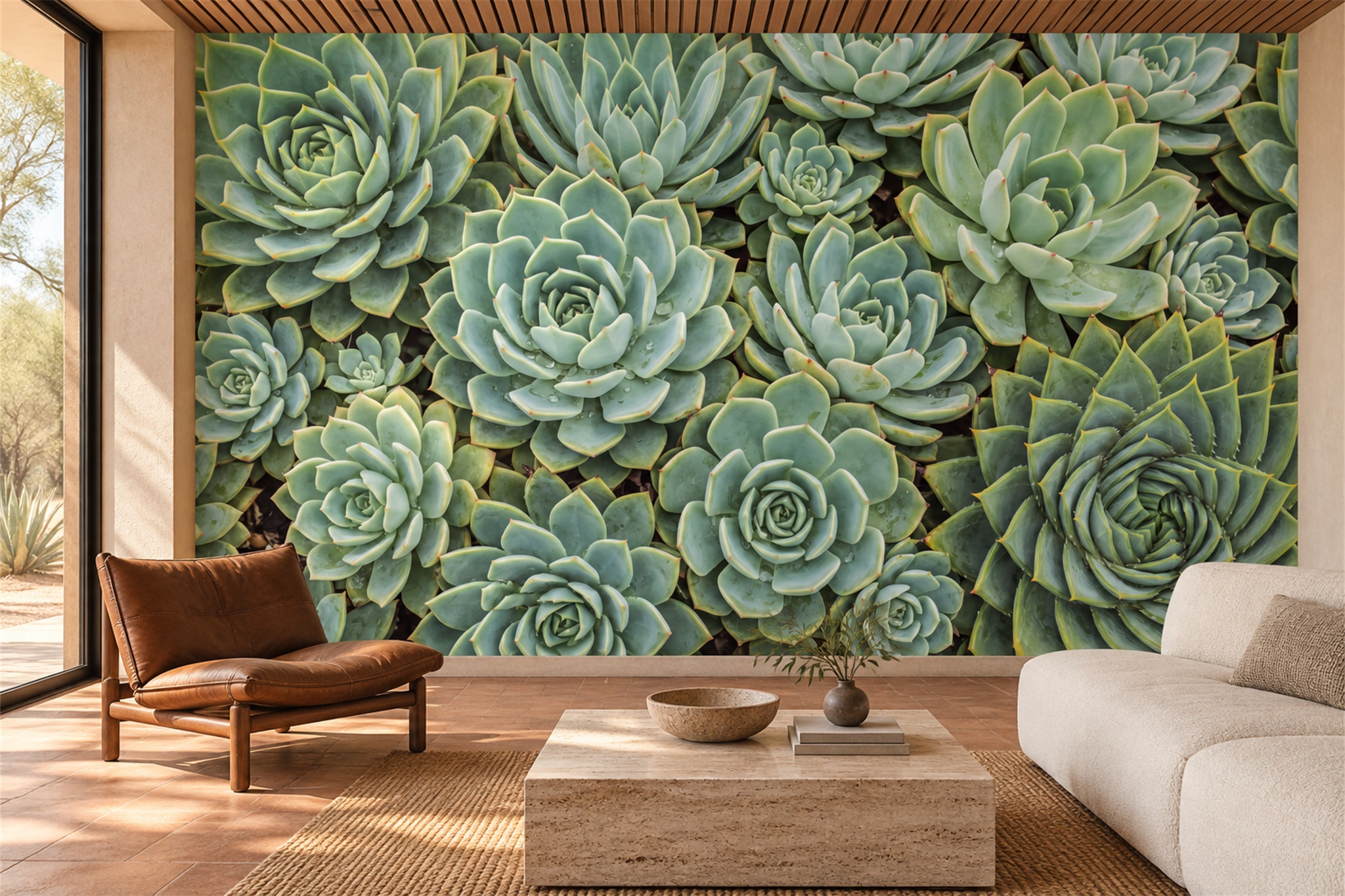 Green Succulent Rosettes Wallpaper Mural — Wallpaper Mural Design, Peel-and-stick Finish