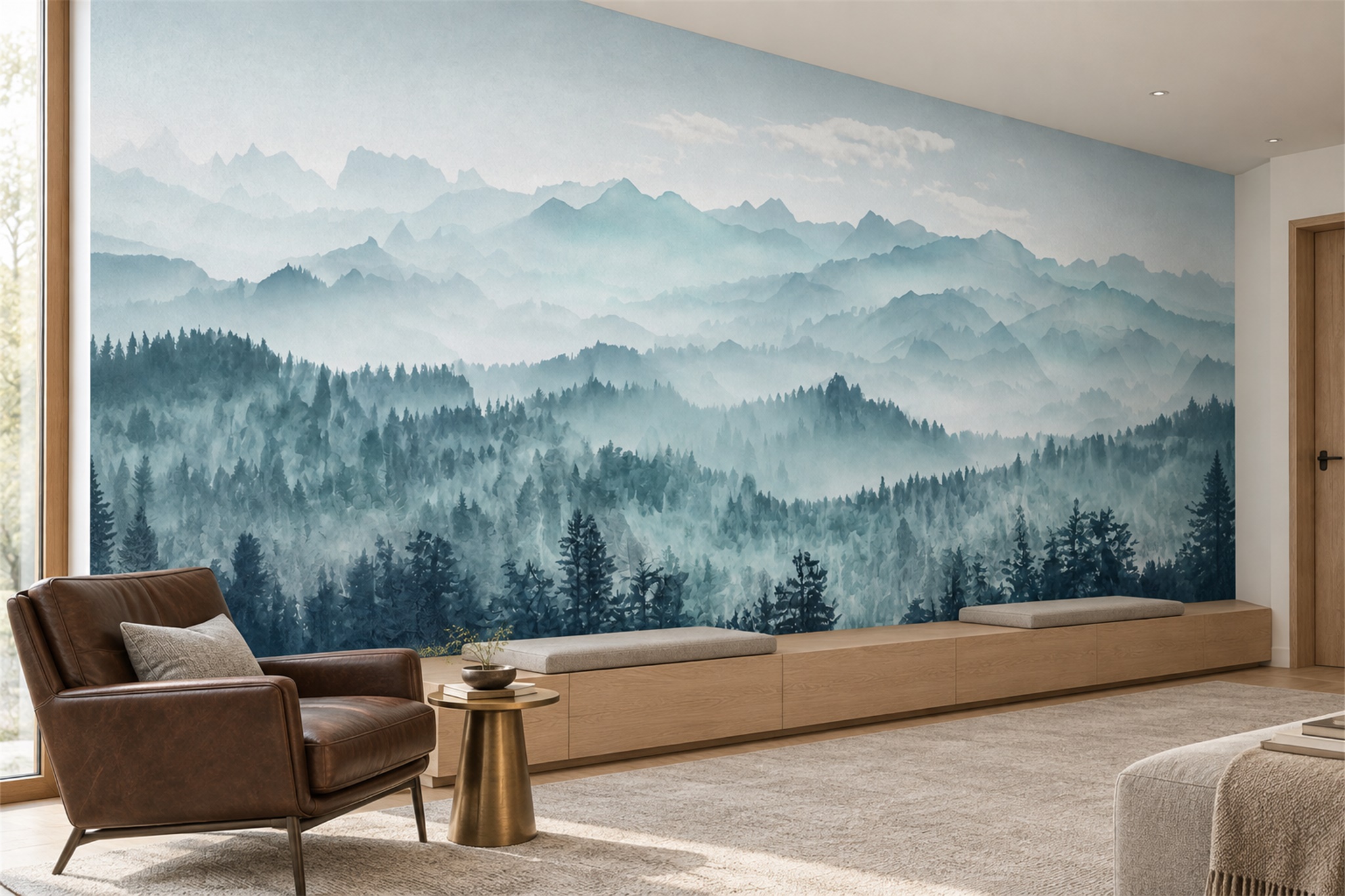 Aqua Forest Scenic Decorative Wallpaper Mural Home-office-wallpaper-murals, Shown In A Home Office, Peel-and-stick Finish