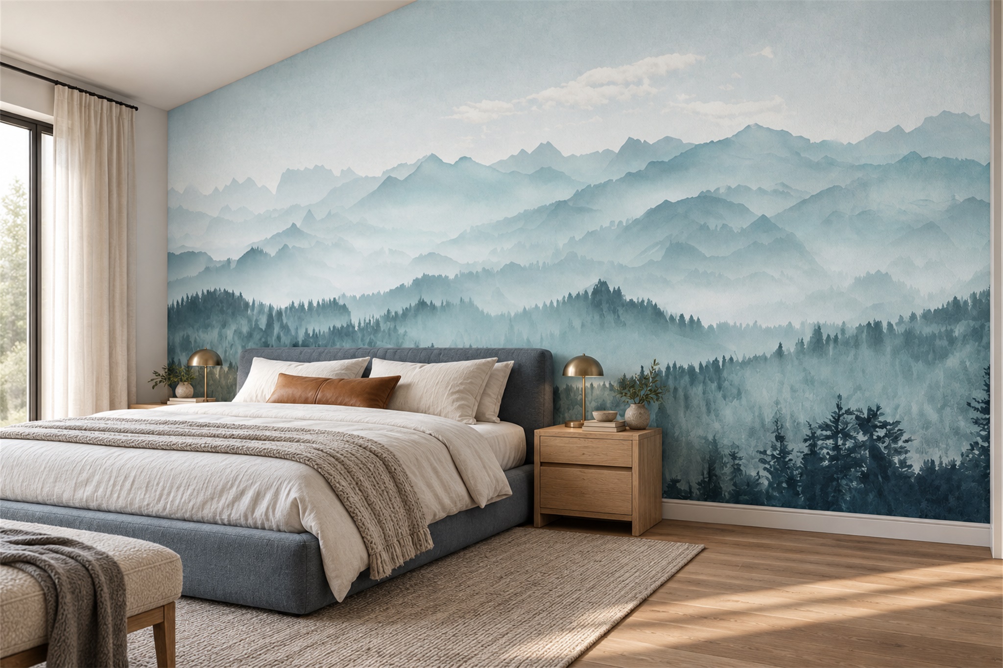 Misty Aqua Mountain Forest Wallpaper Mural — Installed Wallpaper Mural In A Bedroom, Peel-and-stick Finish
