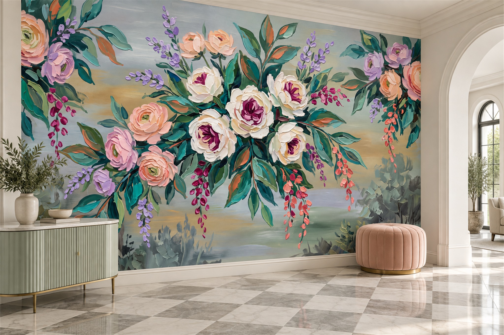 Pink Bouquet Botanical Wallpaper Mural Entryway-wallpaper-murals, Peel-and-stick Finish