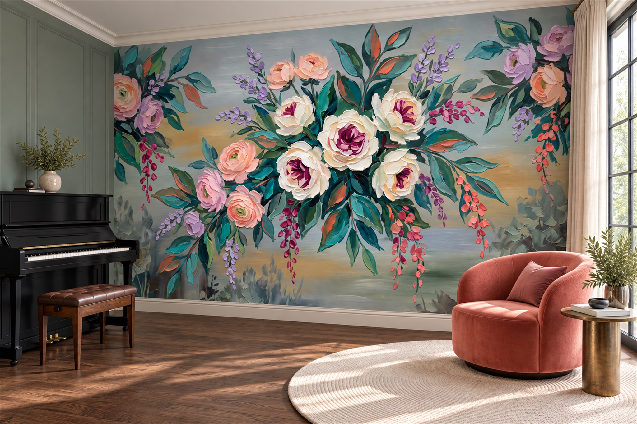 Painterly Garden Flowers In Teal And Blush Wallpaper Mural — Wallpaper Mural Design, Peel-and-stick Finish