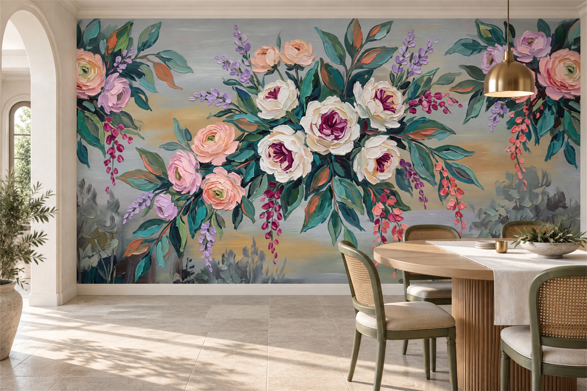 Pink Bouquet Botanical Wallpaper Mural Dining-room-wallpaper-murals, Peel-and-stick Finish