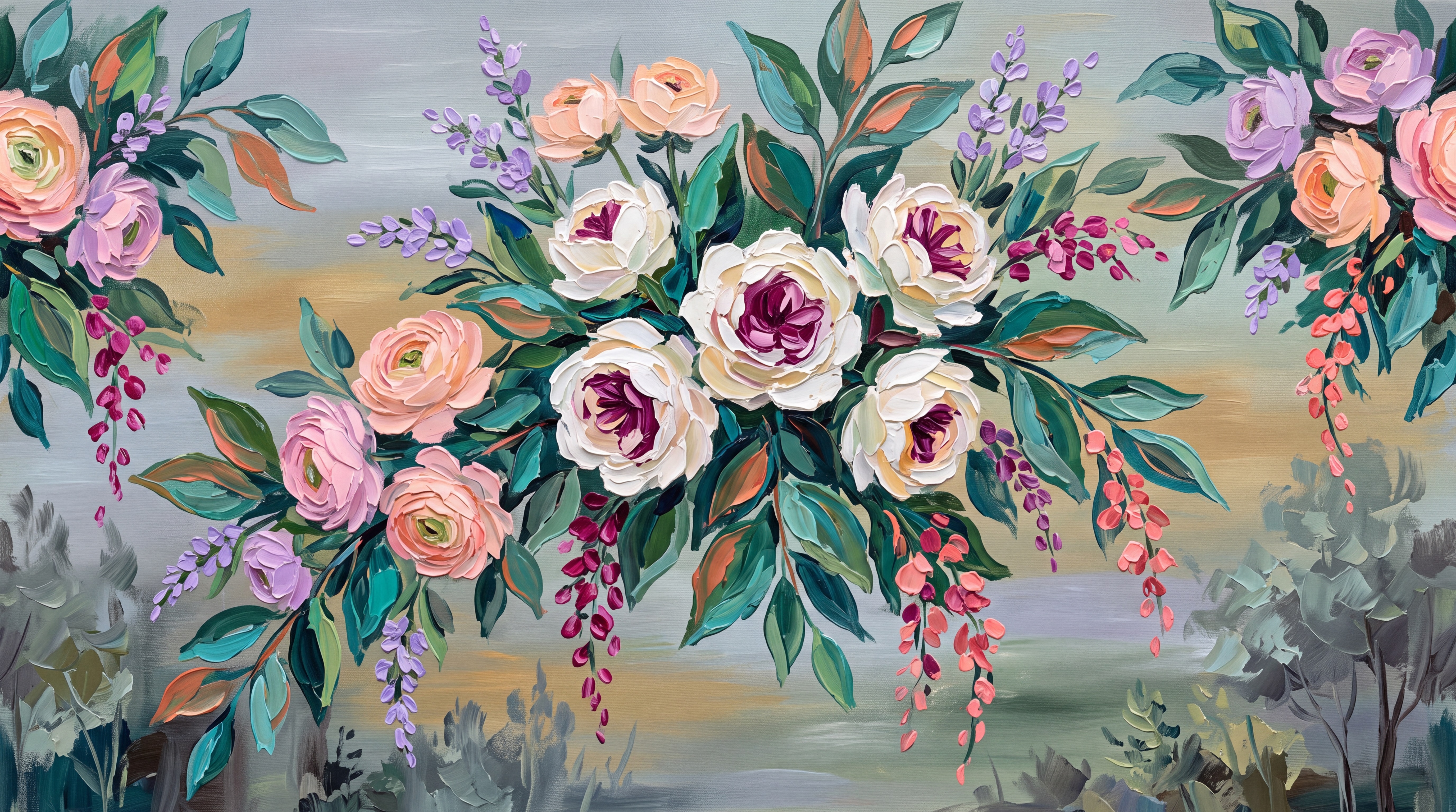 Pink Bouquet Botanical Wallpaper Mural Accent-wall-wallpaper-murals, Peel-and-stick Finish