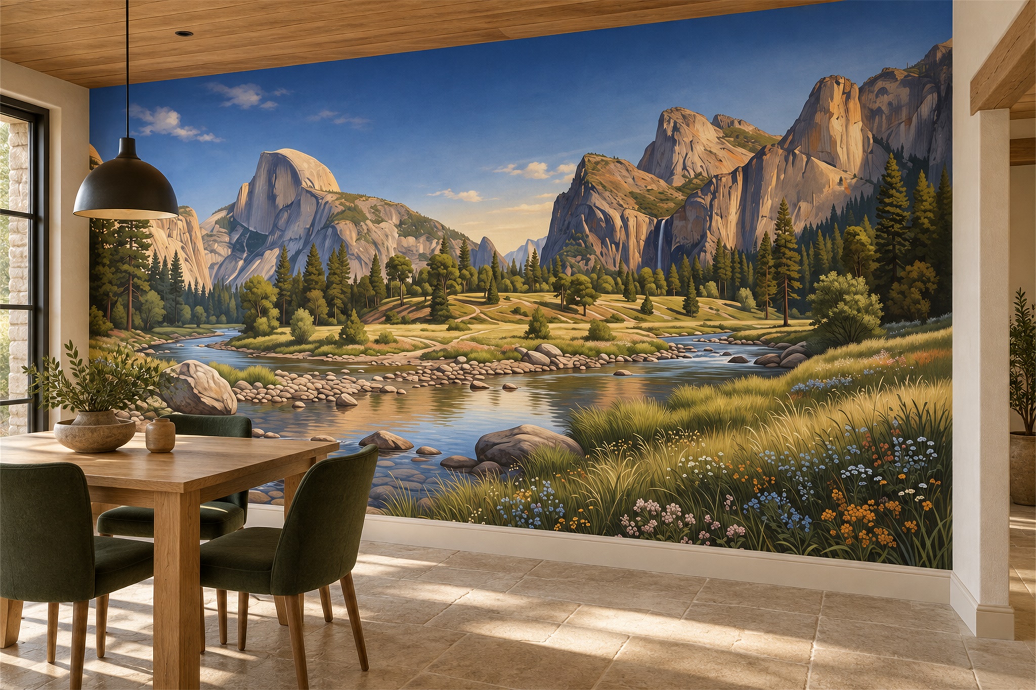 Green Valley Scenic Decorative Wallpaper Mural Dining-room-wallpaper-murals, Shown In A Dining Room, Peel-and-stick Finish