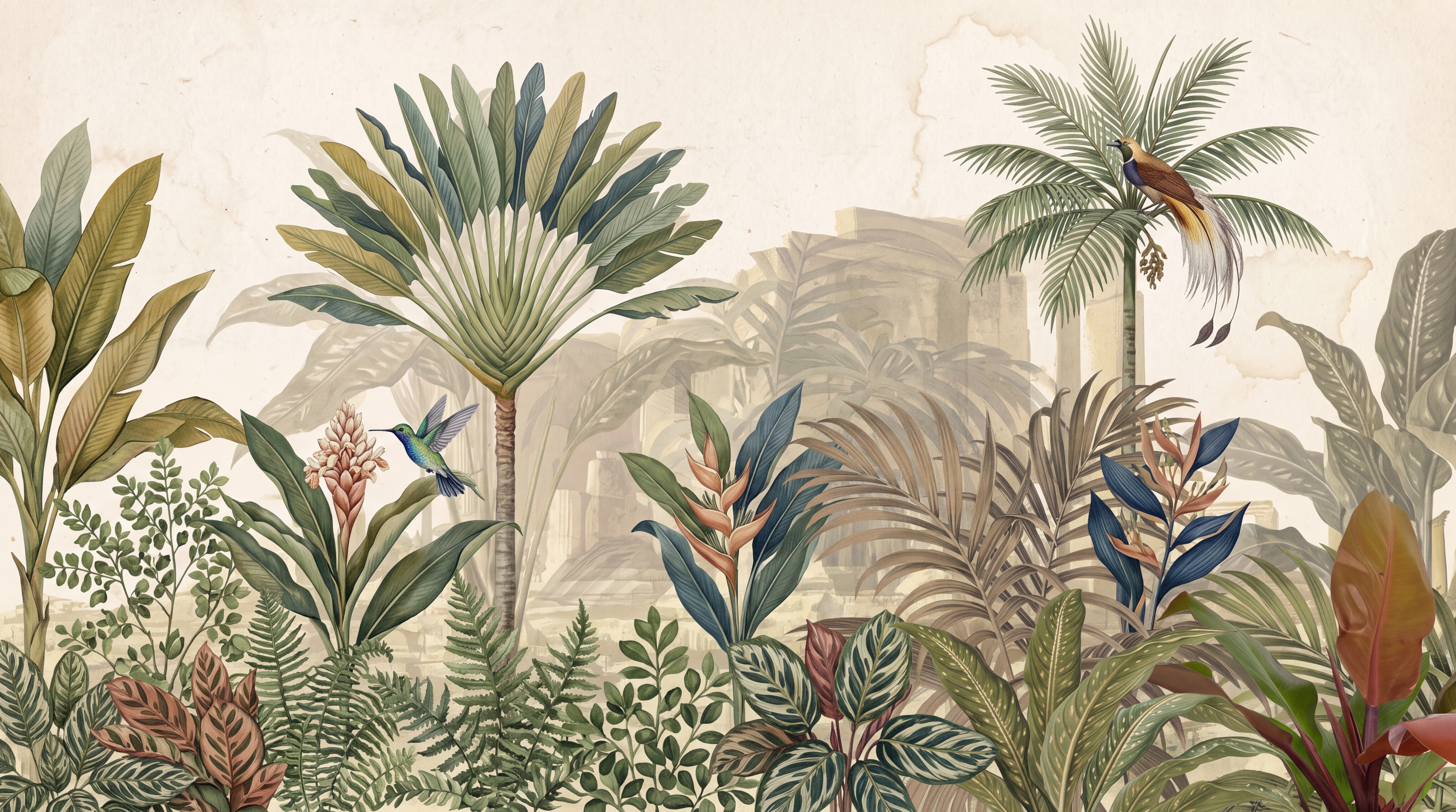 Sage Tropical Artful Atmospheric Wallpaper Mural, Peel-and-stick Finish