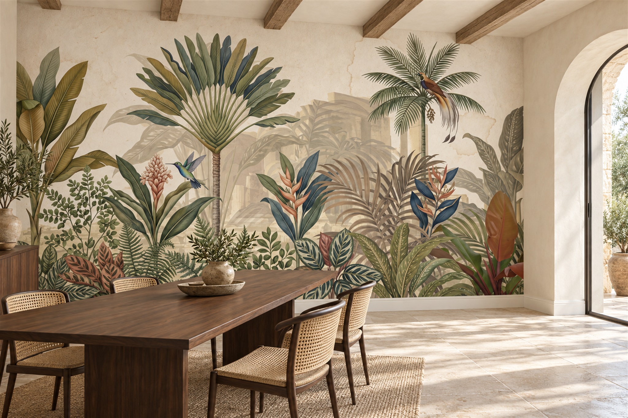 Sage Tropical Artful Atmospheric Wallpaper Mural Dining-room-wallpaper-murals, Shown In A Dining Room, Peel-and-stick Finish