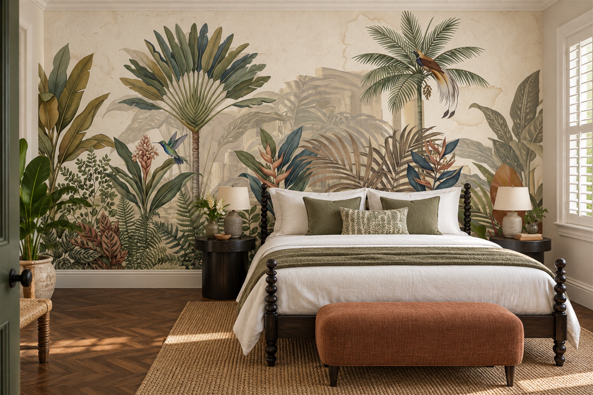 Long-tailed Bird And Tropical Palms Wallpaper Mural — Installed Wallpaper Mural In A Bedroom, Peel-and-stick Finish