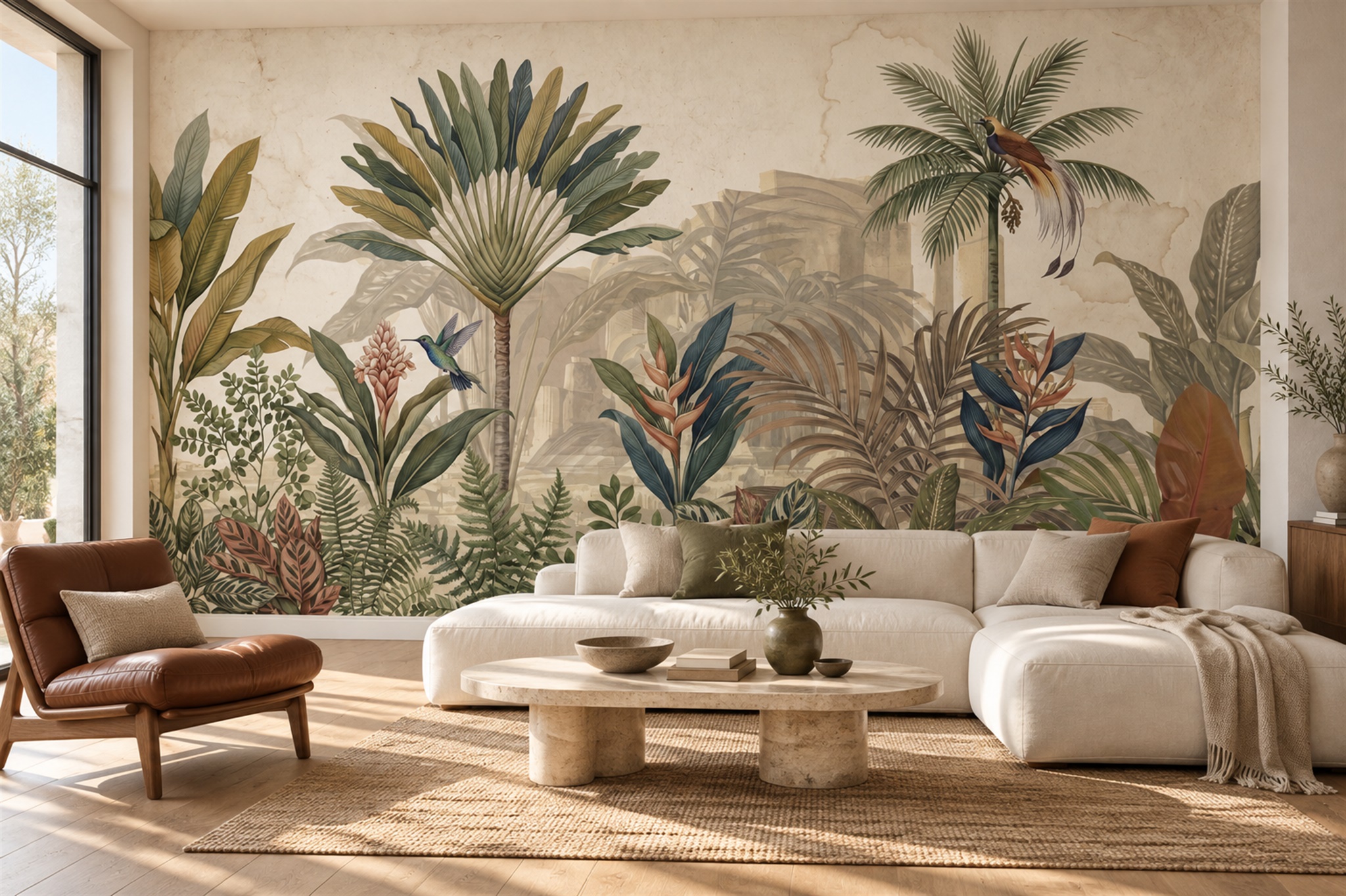 Sage Tropical Artful Atmospheric Wallpaper Mural Feature-wall-wallpaper-murals, Peel-and-stick Finish