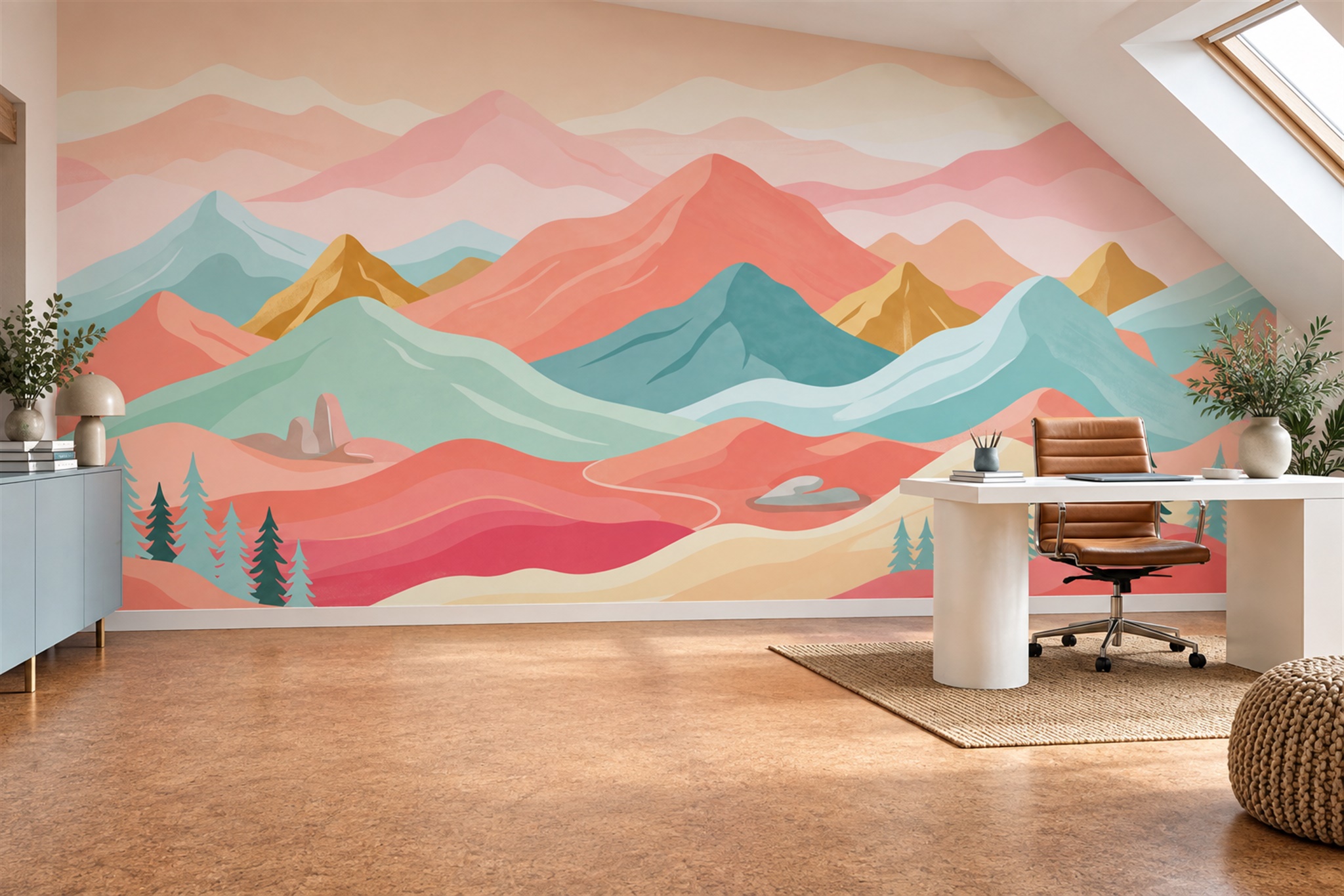 Pastel Layered Mountains And Pine Trees Wallpaper Mural — Wallpaper Mural Design, Peel-and-stick Finish