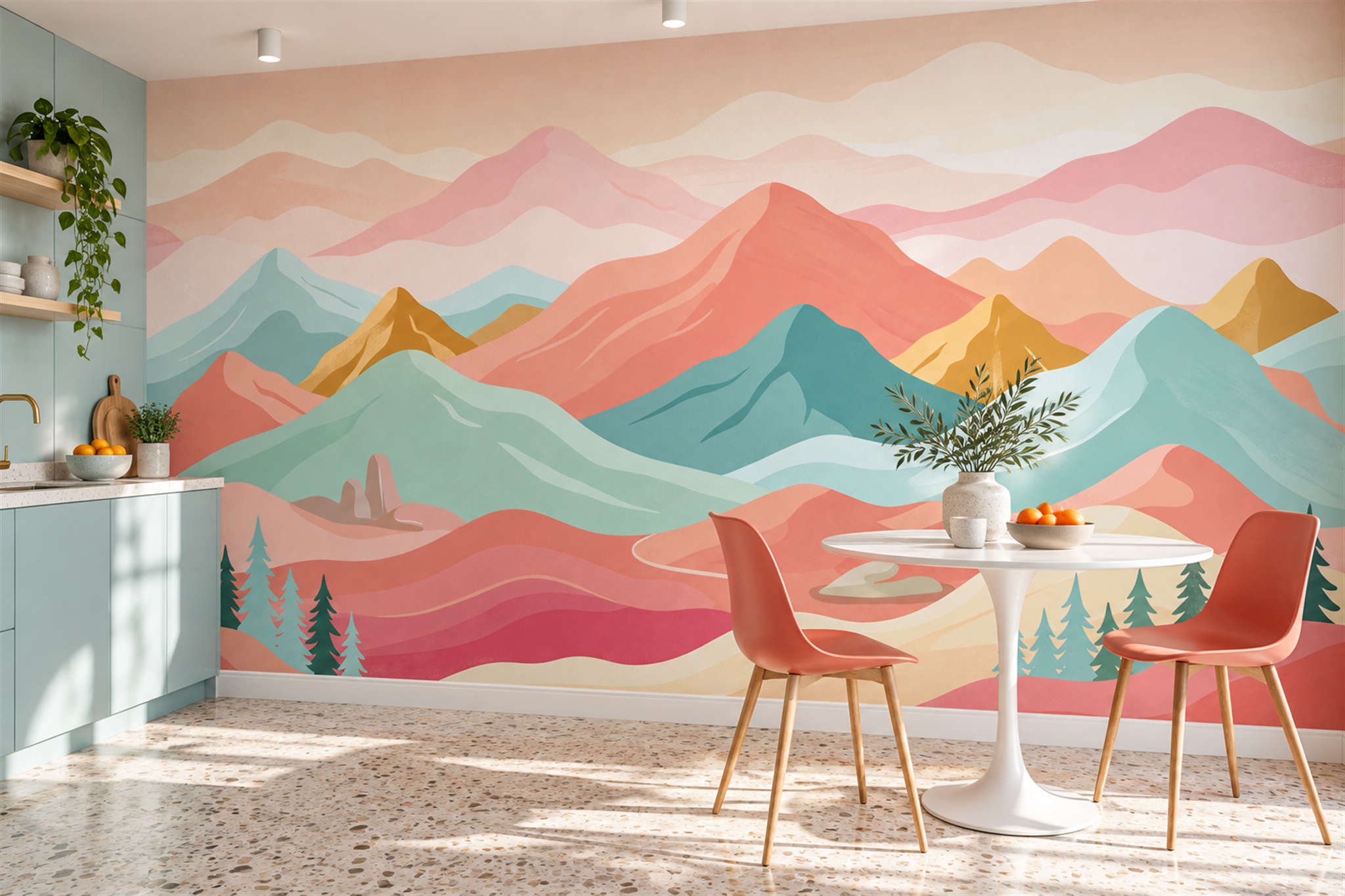 Coral Mountain Scenic Wallpaper Mural Dining-room-wallpaper-murals, Shown In A Dining Room, Peel-and-stick Finish