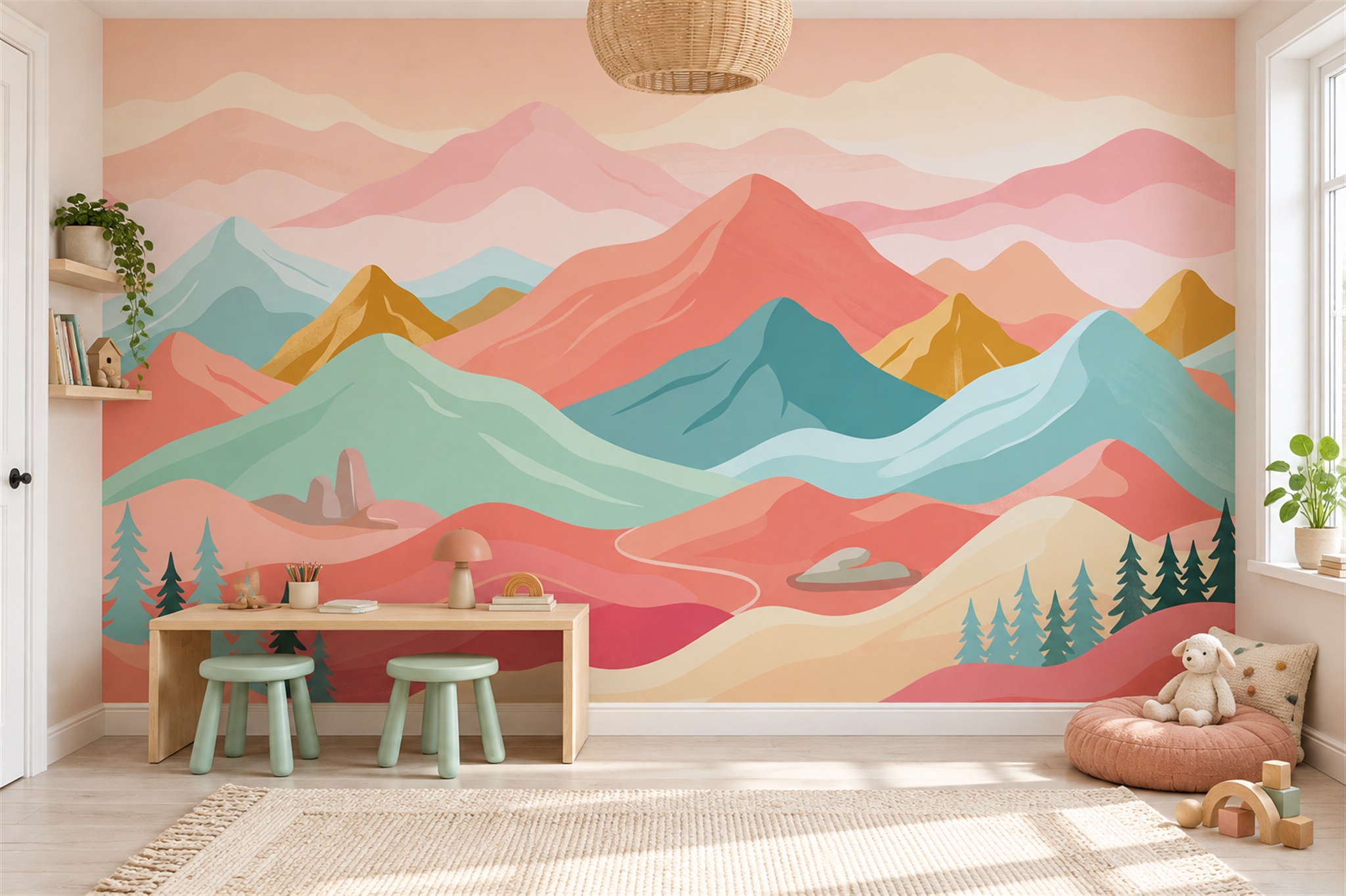 Coral Mountain Scenic Wallpaper Mural Home-office-wallpaper-murals, Shown In A Home Office, Peel-and-stick Finish